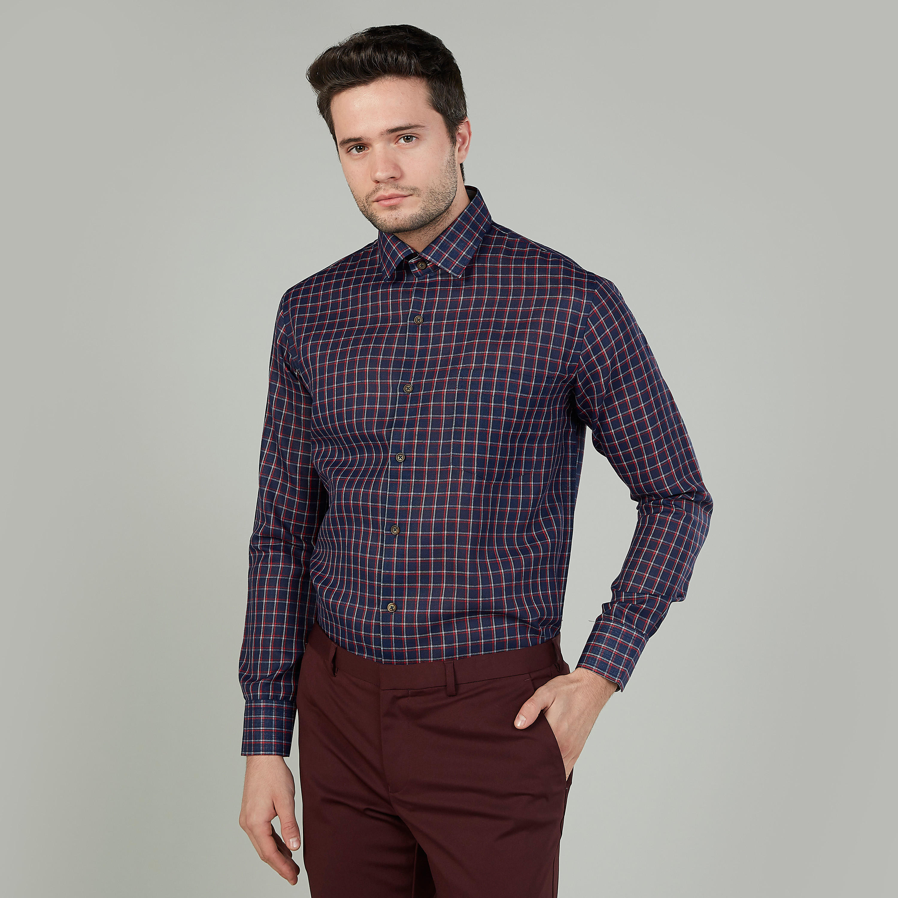 Easy Iron Checked Shirt with Long Sleeves and Spread Collar-men-clothing-shirts-image-1