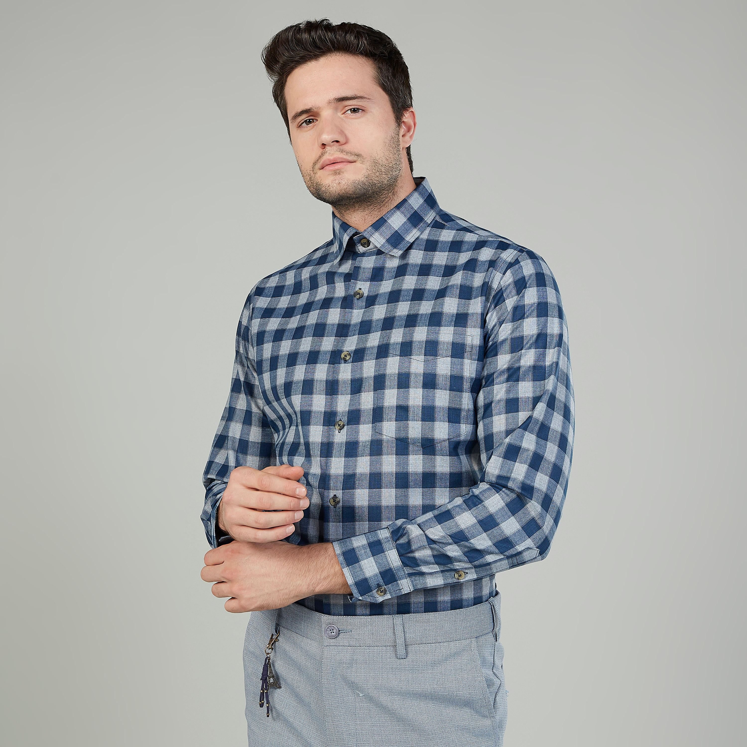 Easy Iron Checked Shirt with Long Sleeves and Spread Collar-men-clothing-shirts-image-1