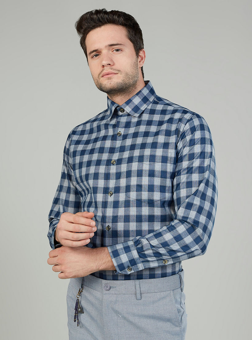 Easy Iron Checked Shirt with Long Sleeves and Spread Collar-men-clothing-shirts-image-1