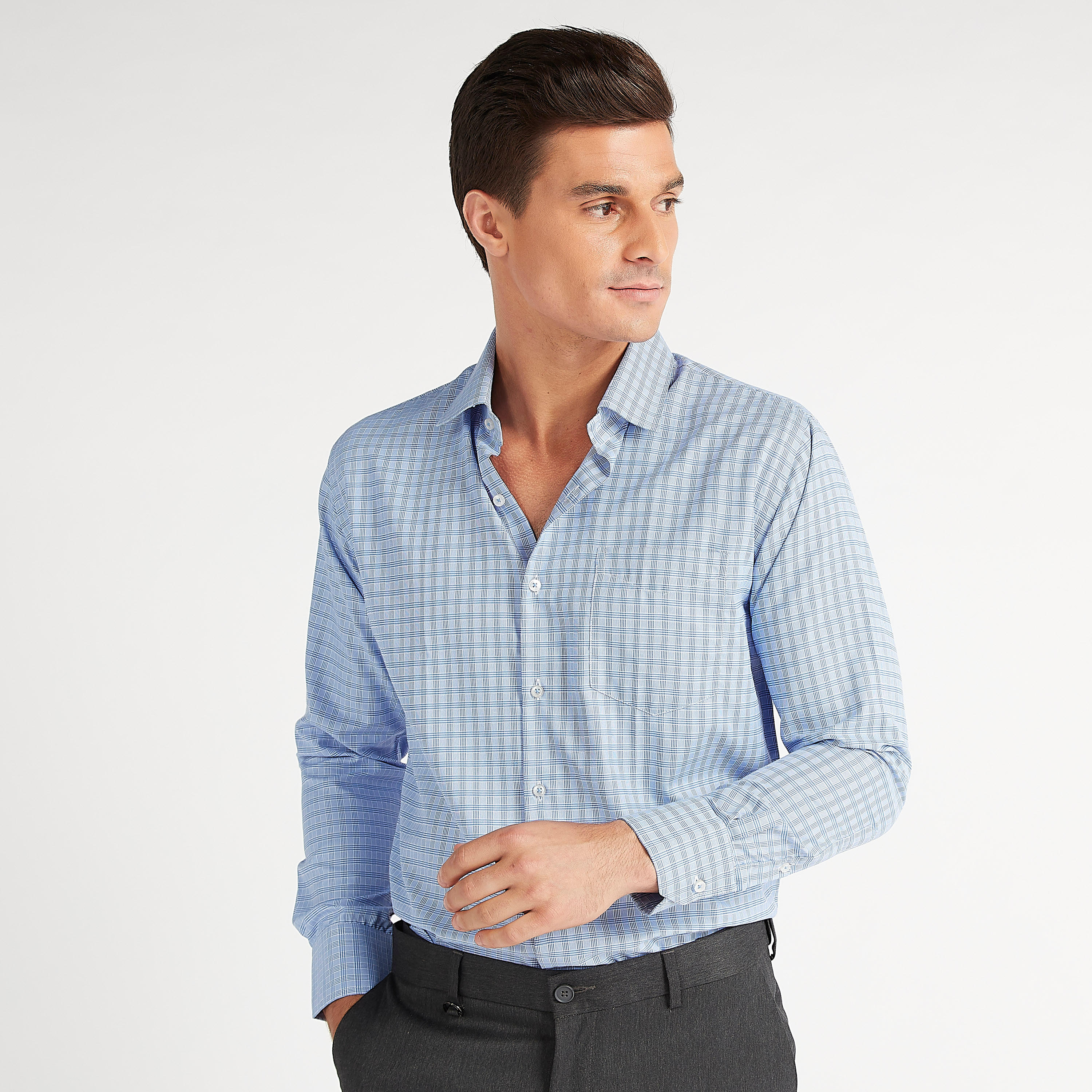 قميص كاروهات سهل الكي بأكمام طويلة وجيب على الصدر-men-clothing-shirts-image-1