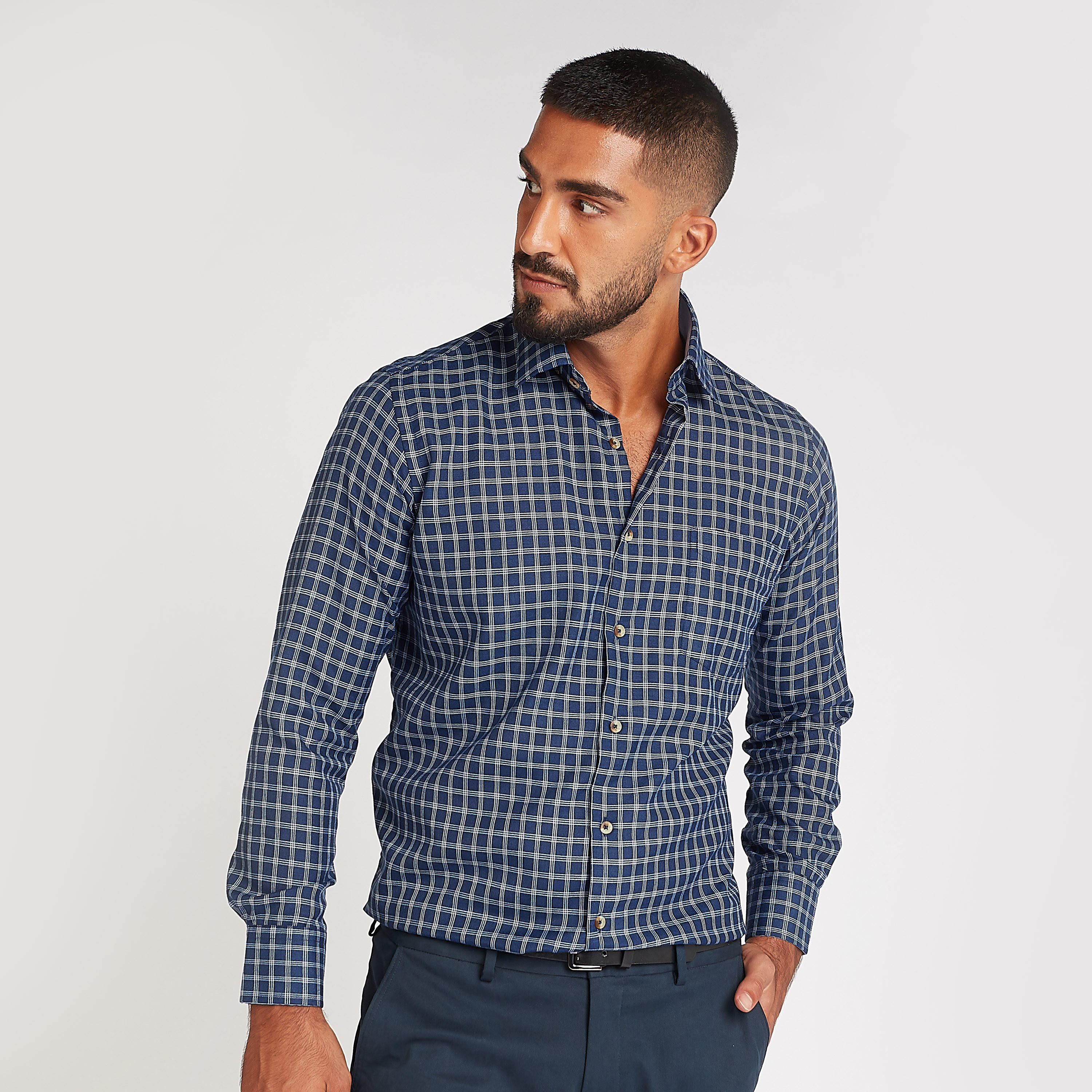 قميص رسمي كاروهات بأكمام طويلة وياقة عادية-men-clothing-shirts-image-1