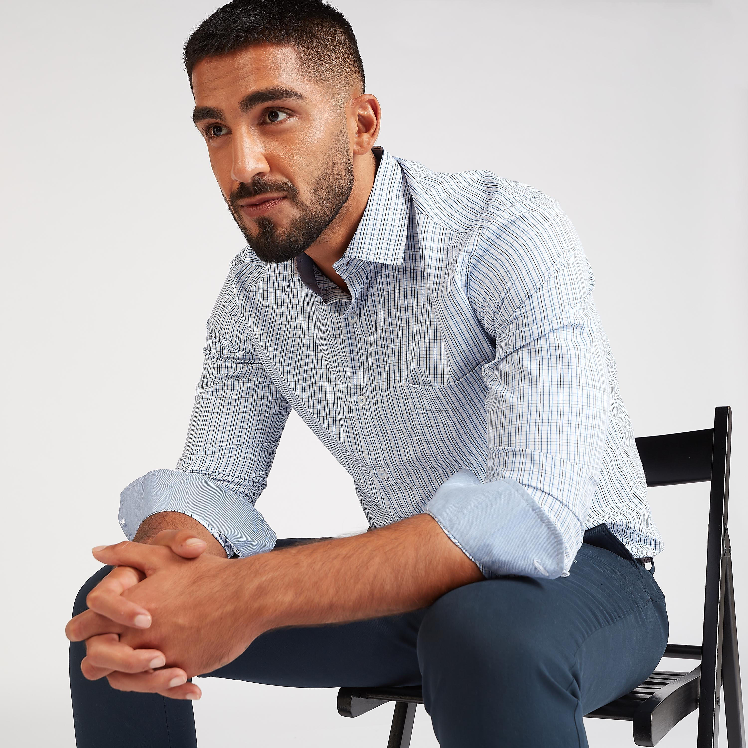 قميص رسمي سهل الكي بمربعات بأكمام طويلة وجيب على الصدر-men-clothing-shirts-image-2