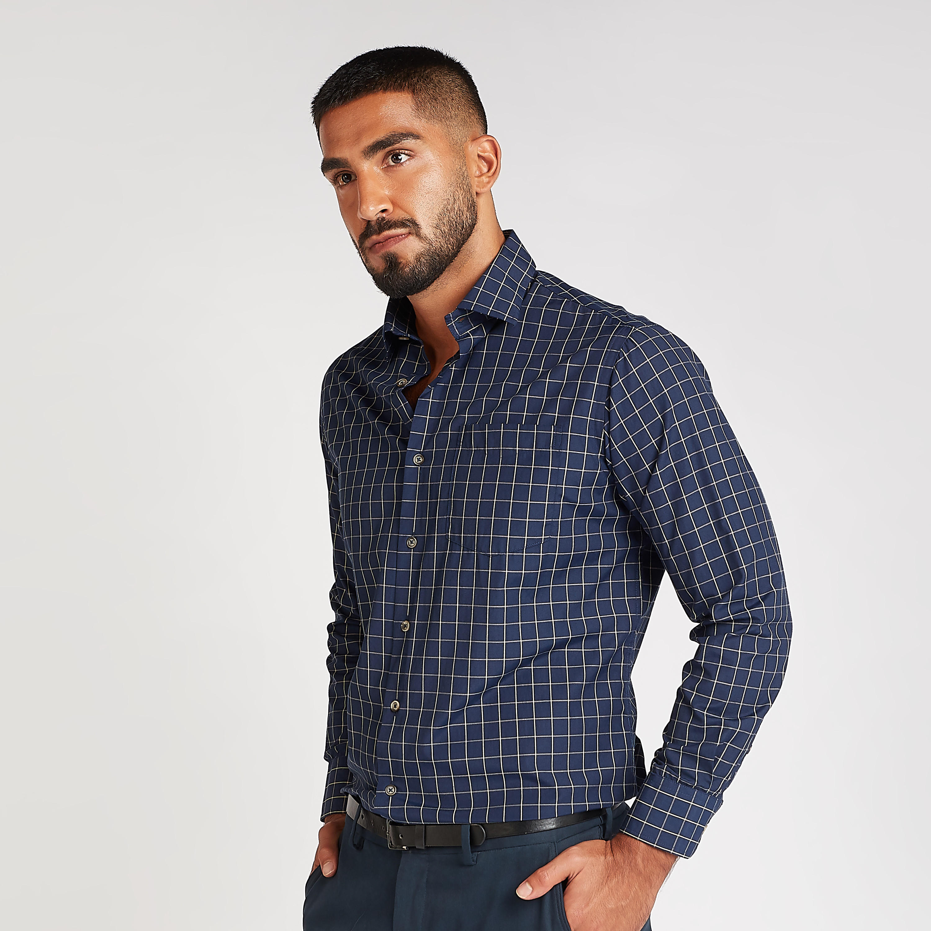 Checked Formal Shirt with Spread Collar and Long Sleeves-men-clothing-shirts-image-1