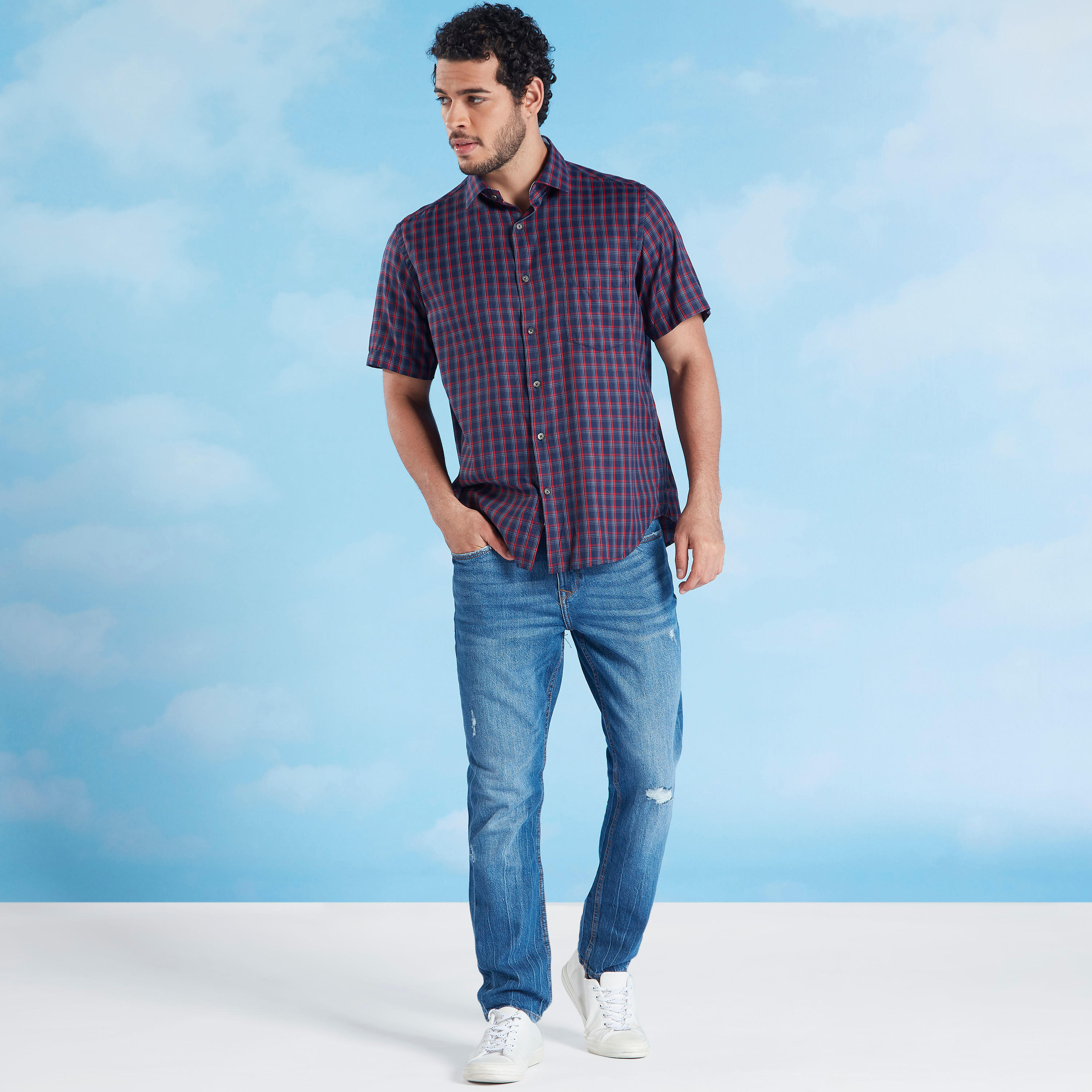 قميص رسمي كاروهات بأكمام قصيرة وياقة عادية-men-clothing-shirts-image-2