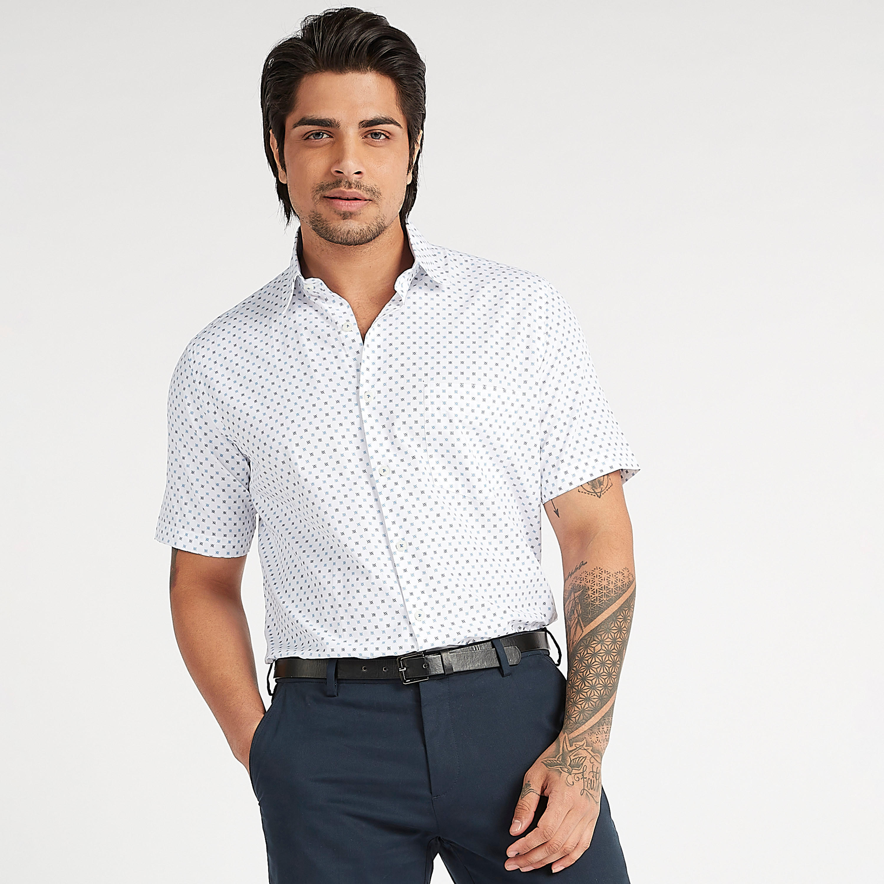 Printed Formal Shirt with Short Sleeves and Button Closure-men-clothing-shirts-image-1