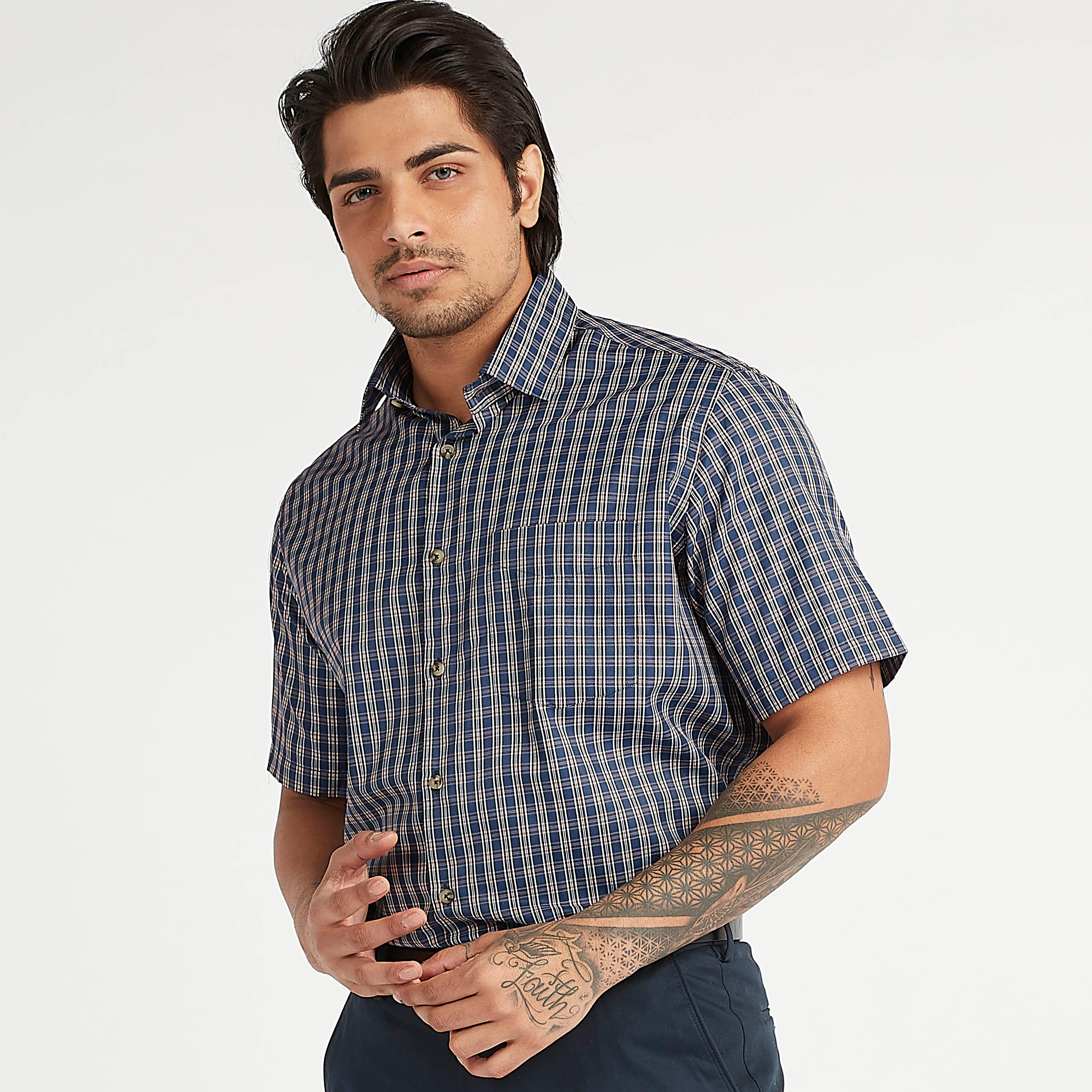 Checked Formal Shirt with Short Sleeves and Button Closure-men-clothing-shirts-image-1