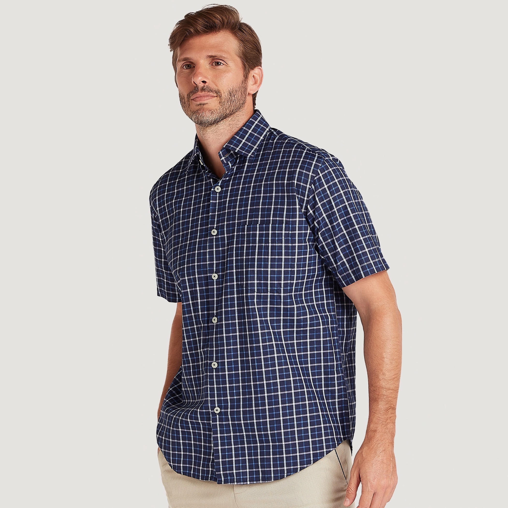 Checked Button Down Shirt with Short Sleeves and Chest Pocket-men-clothing-shirts-image-1