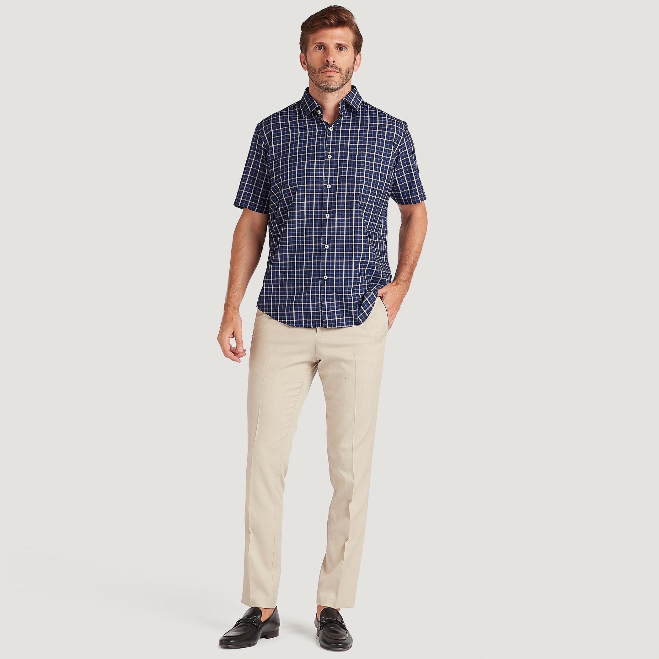 Checked Button Down Shirt with Short Sleeves and Chest Pocket-men-clothing-shirts-image-2