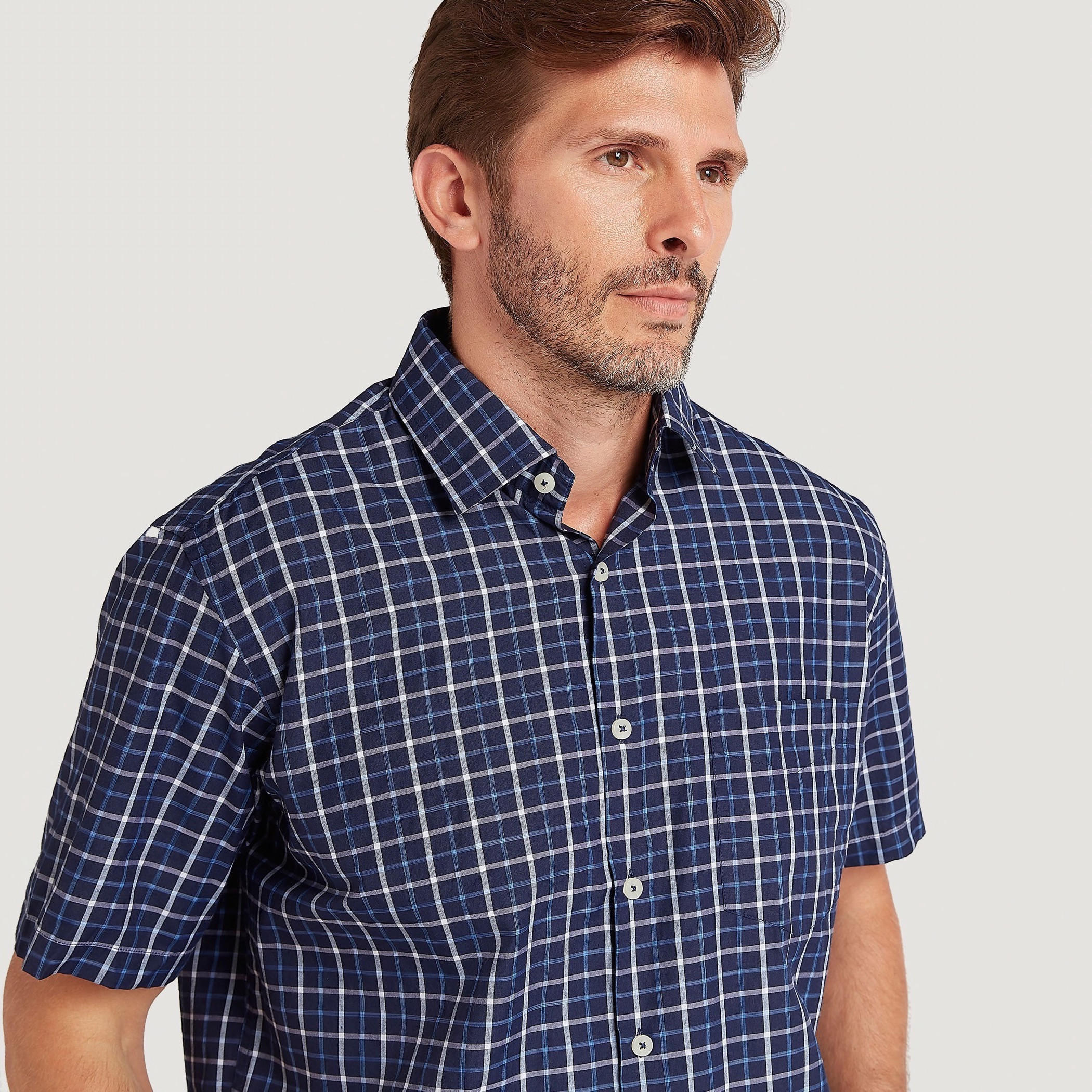 Checked Button Down Shirt with Short Sleeves and Chest Pocket-men-clothing-shirts-image-3