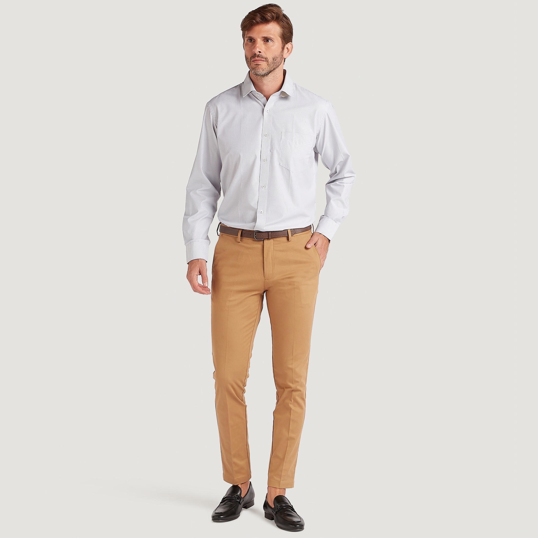 قميص مخطّط بزر سفلي مع أكمام طويلة وجيب على الصّدر-men-clothing-shirts-image-2