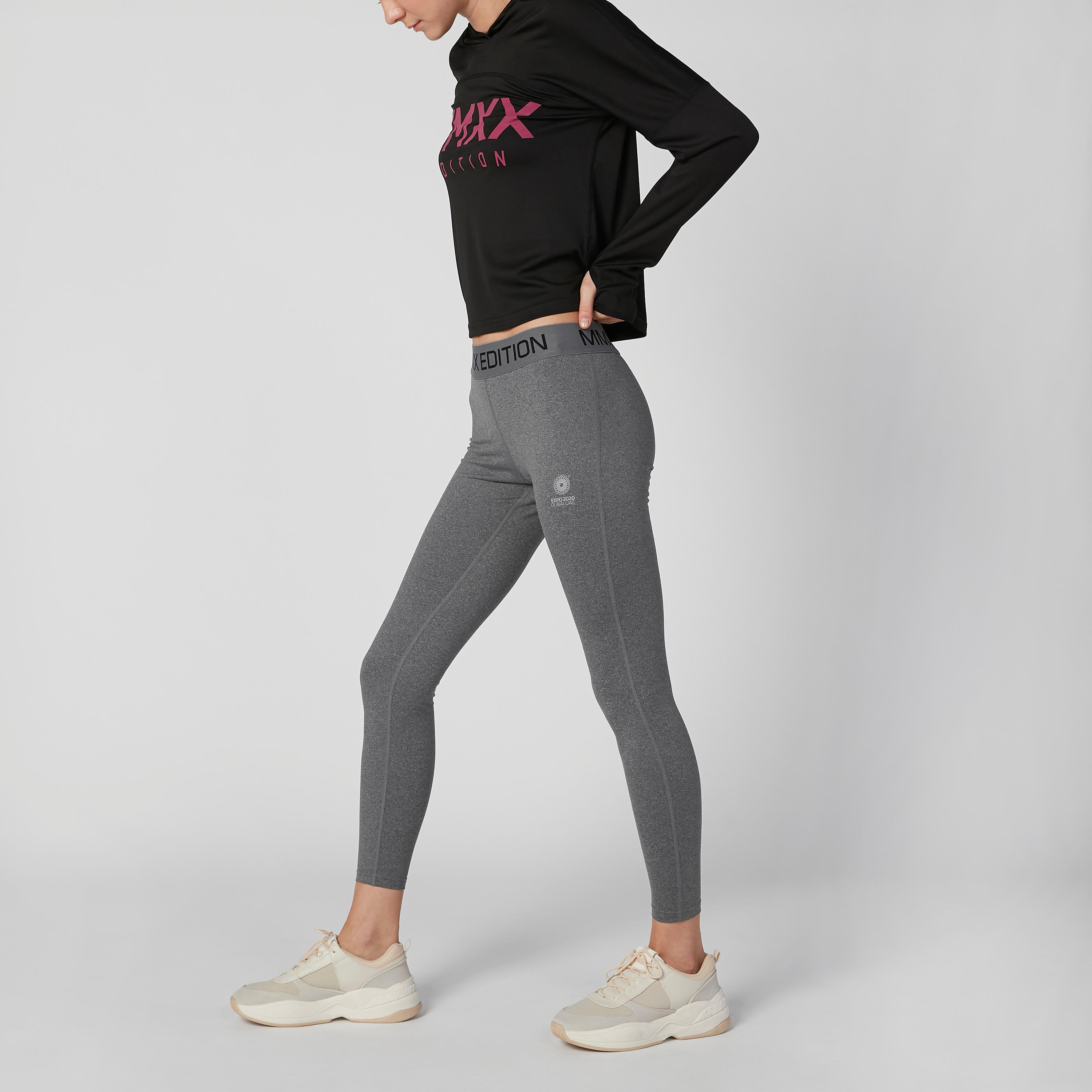 Expo 2020 Plain Leggings with Printed Elasticised Waistband-women-clothing-sportswearandactivewear-bottoms-image-2