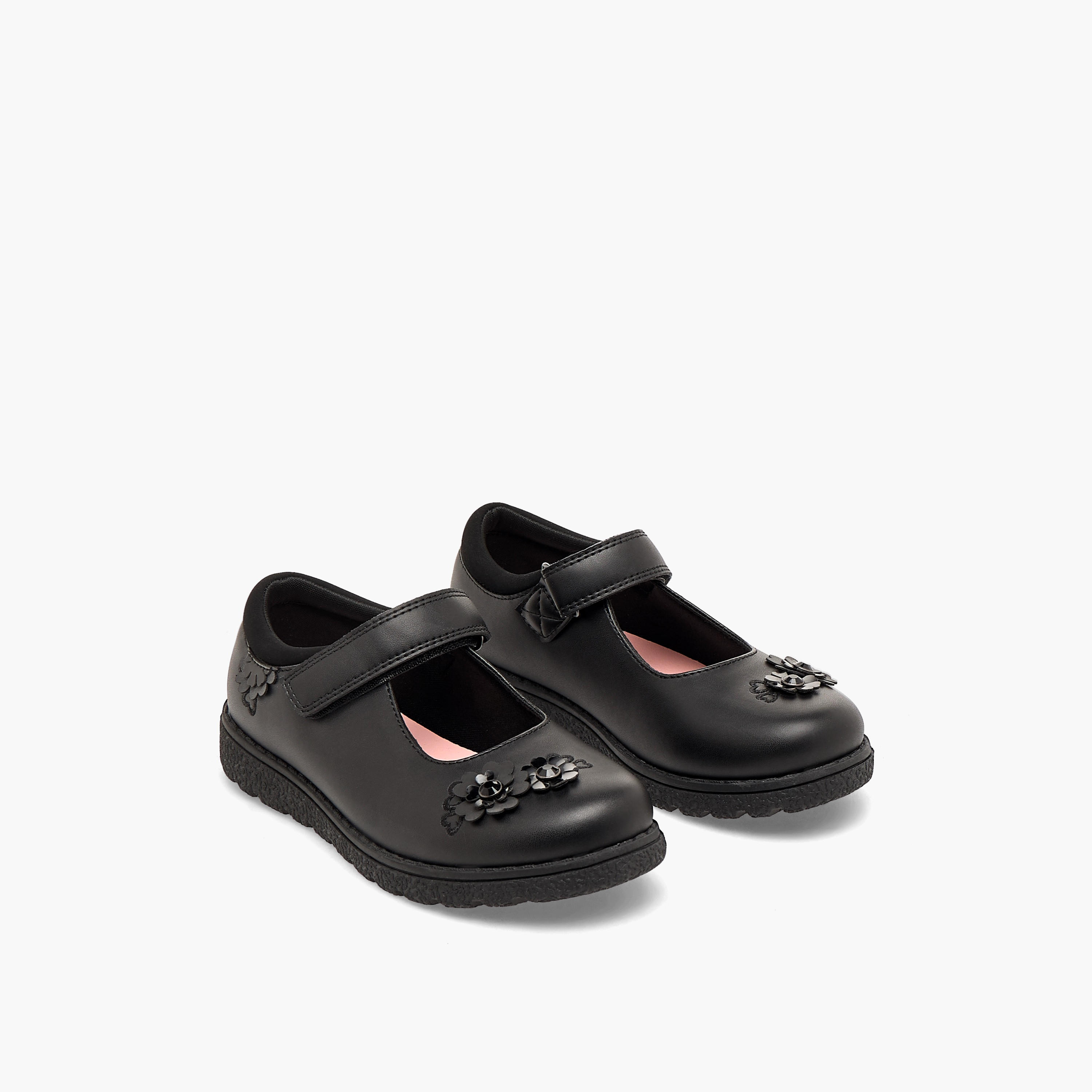 حذاء مدرسي بزينة زهور وشريط إغلاق لاصق للبنات من جونيورز-girls-shoes-schoolshoes-image-1