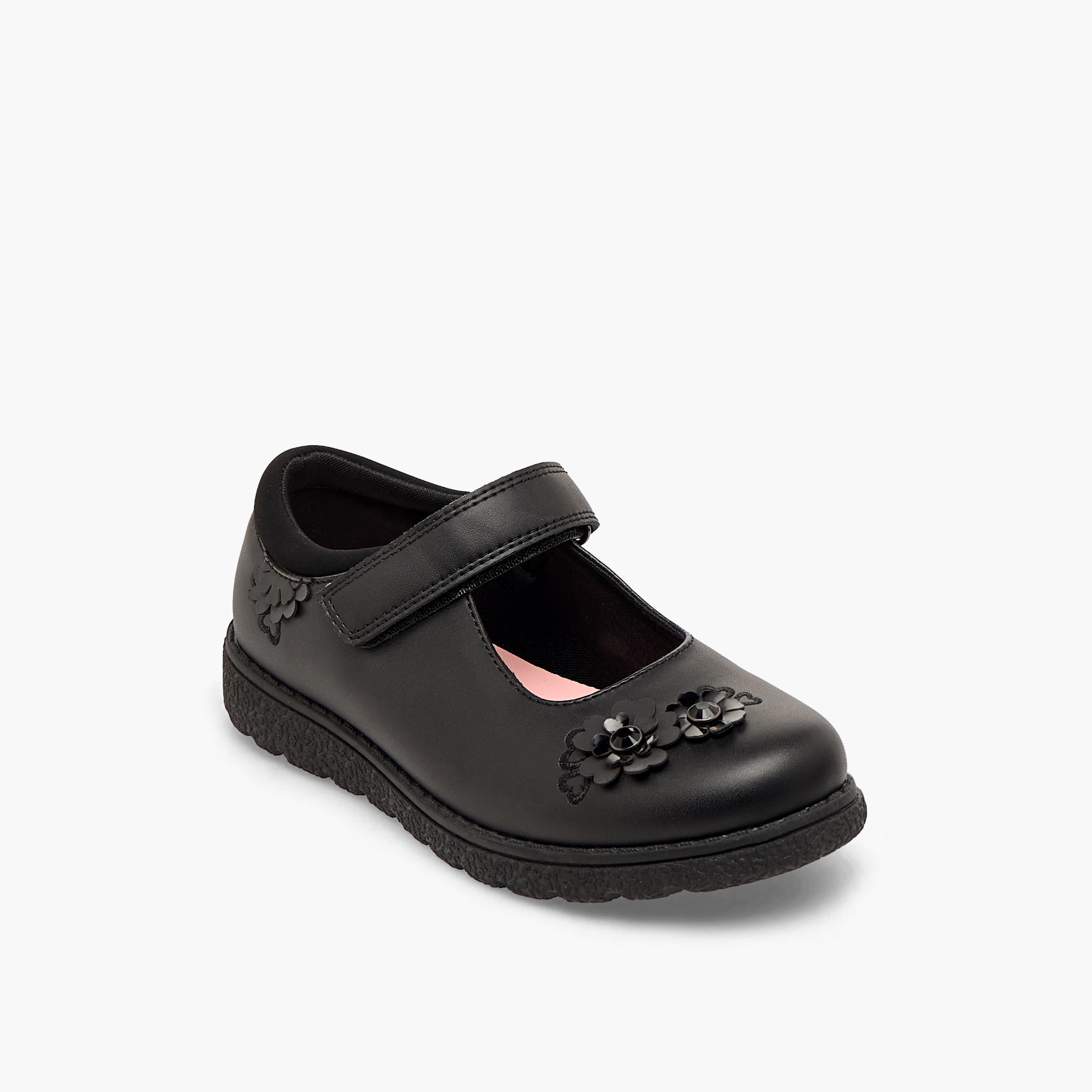 حذاء مدرسي بزينة زهور وشريط إغلاق لاصق للبنات من جونيورز-girls-shoes-schoolshoes-image-2
