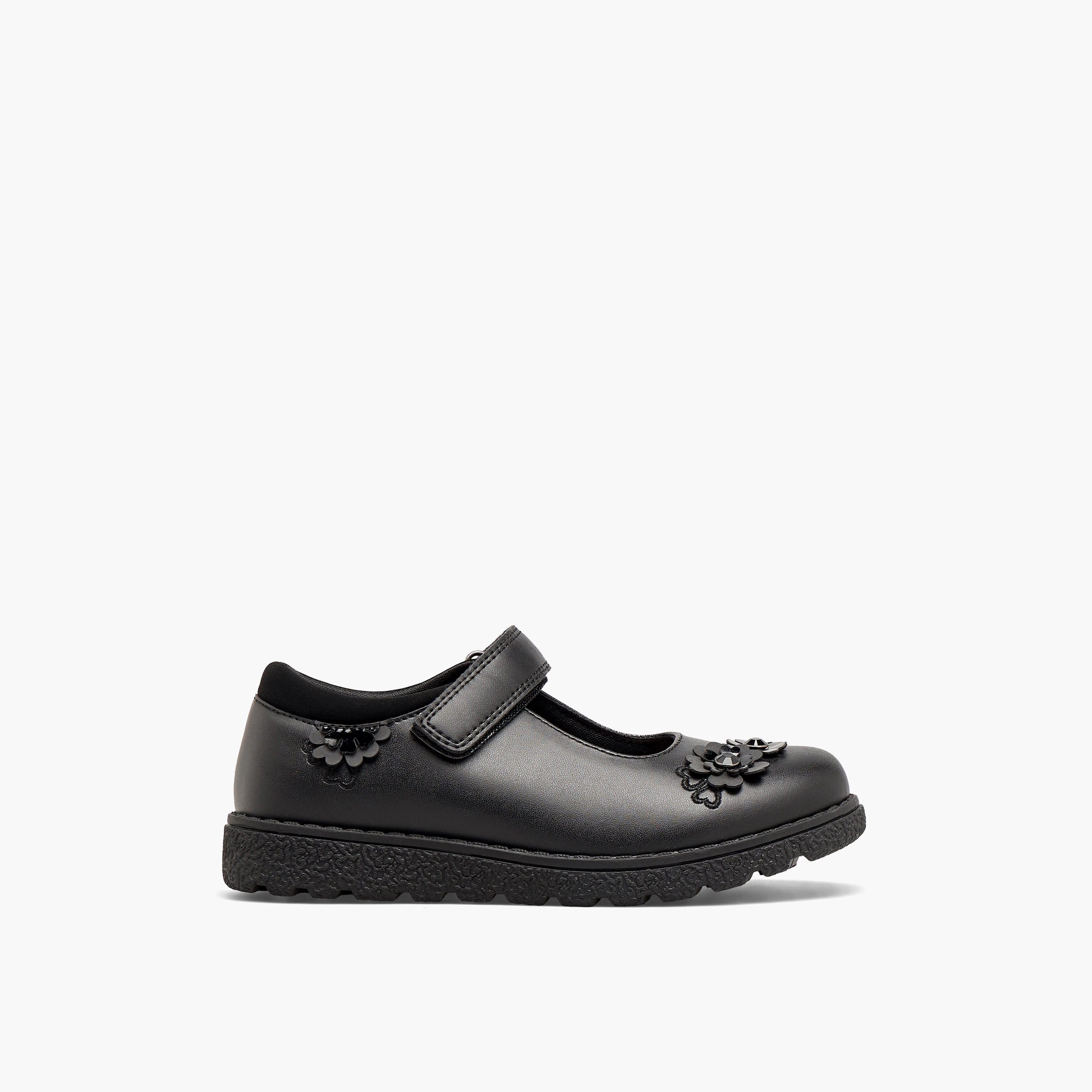 حذاء مدرسي بزينة زهور وشريط إغلاق لاصق للبنات من جونيورز-girls-shoes-schoolshoes-image-3