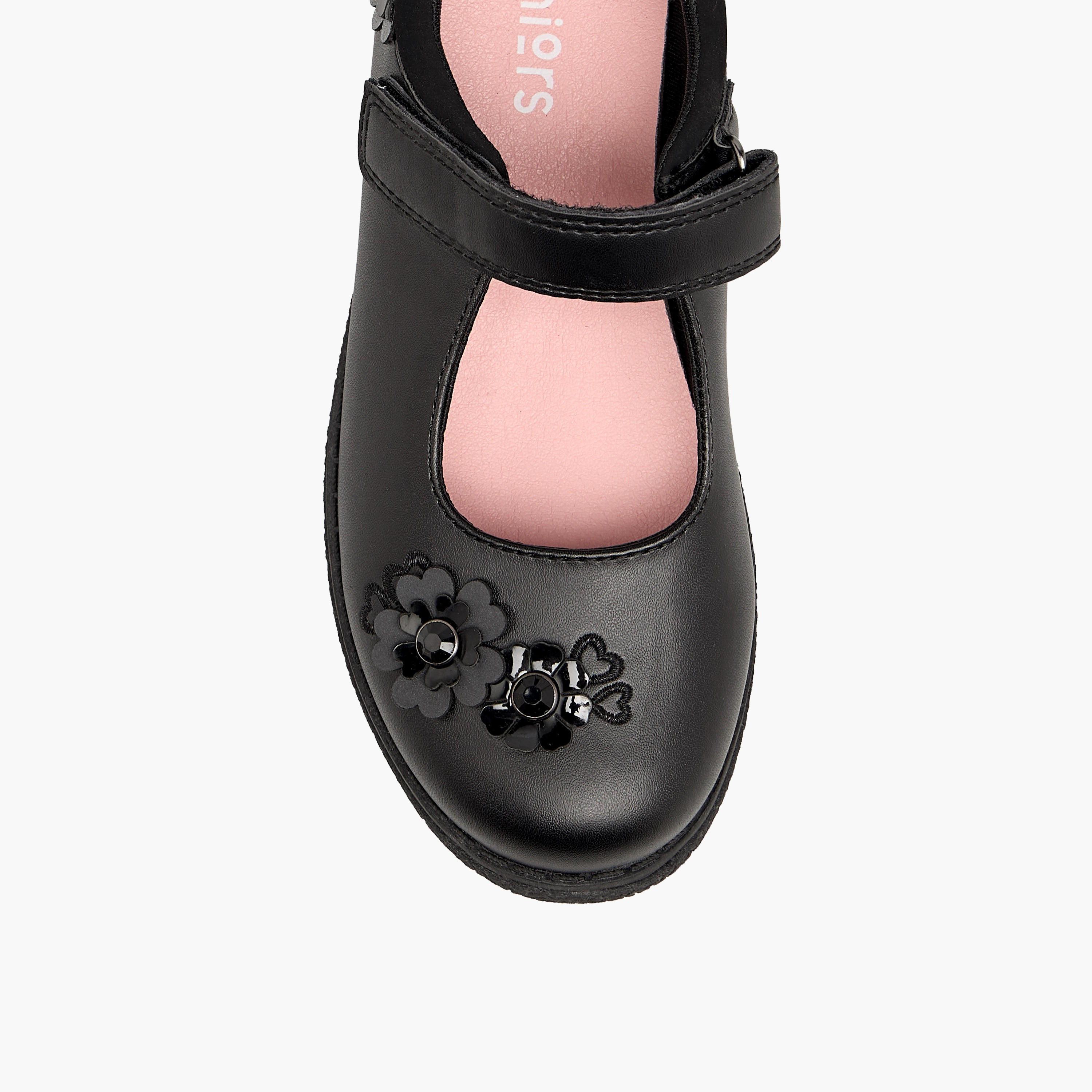 حذاء مدرسي بزينة زهور وشريط إغلاق لاصق للبنات من جونيورز-girls-shoes-schoolshoes-image-7