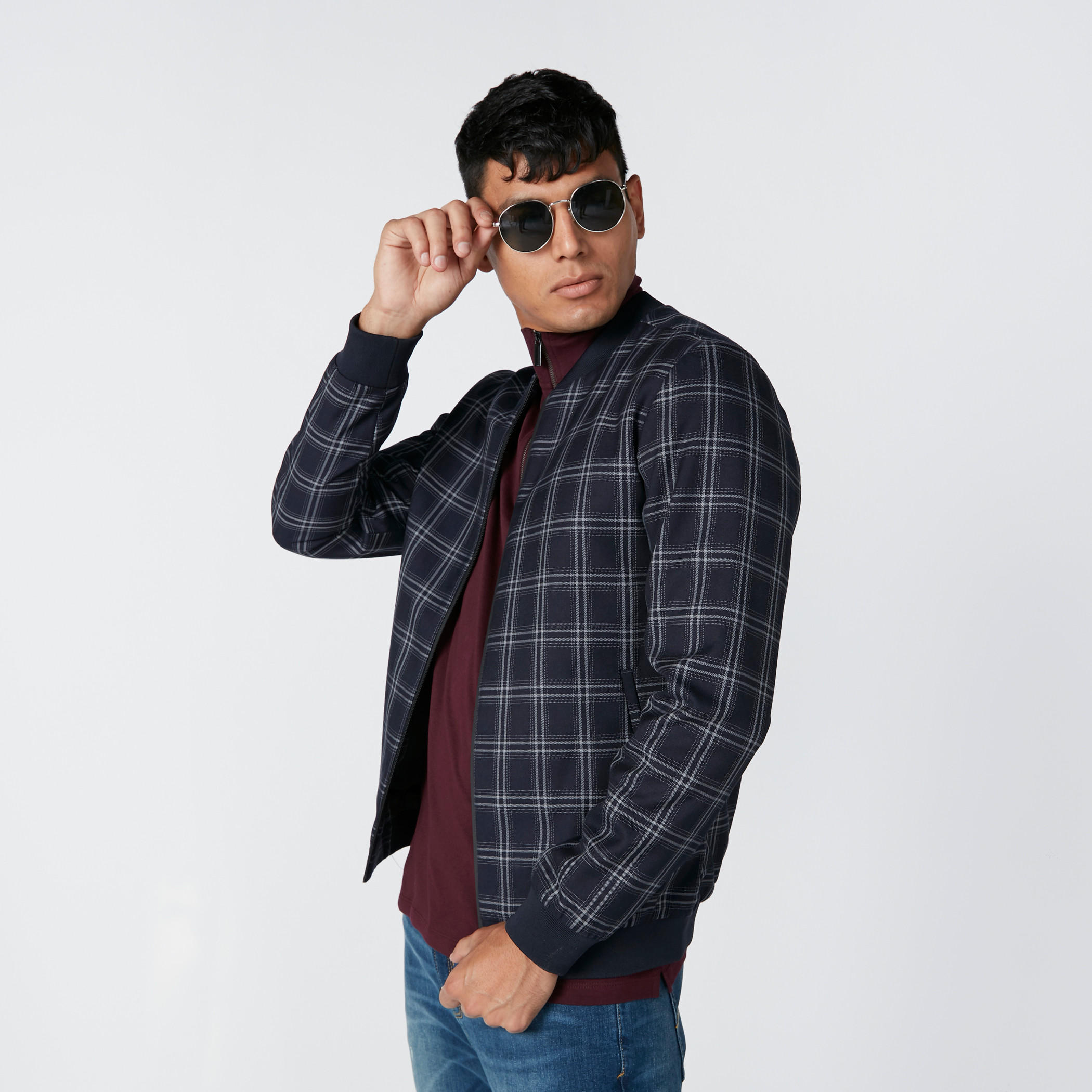 Chequered Bomber Jacket with Long Sleeves-men-clothing-jacketsandblazers-jackets-image-5