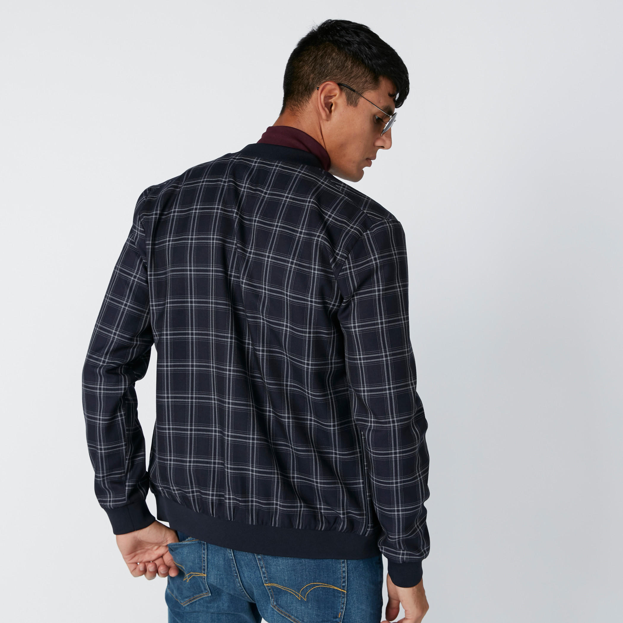 Chequered Bomber Jacket with Long Sleeves-men-clothing-jacketsandblazers-jackets-image-4