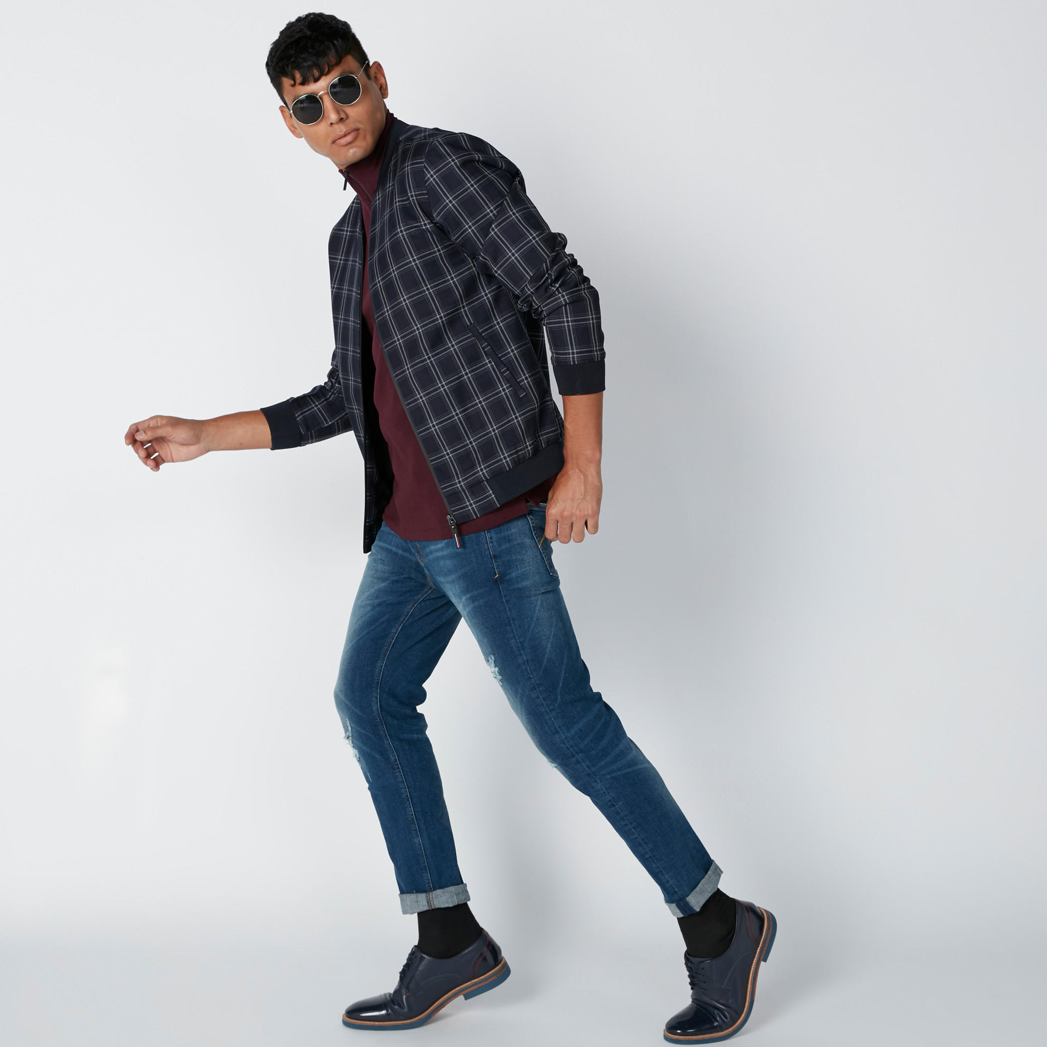 Chequered Bomber Jacket with Long Sleeves-men-clothing-jacketsandblazers-jackets-image-3