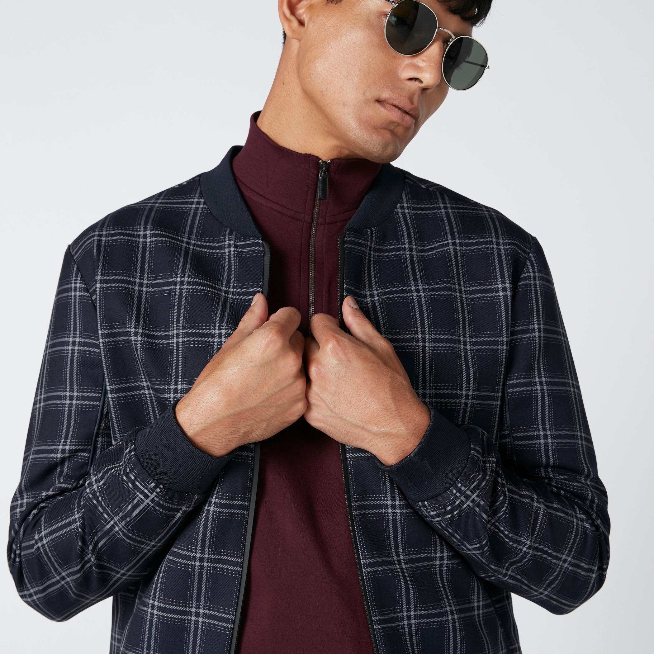 Chequered Bomber Jacket with Long Sleeves-men-clothing-jacketsandblazers-jackets-image-1