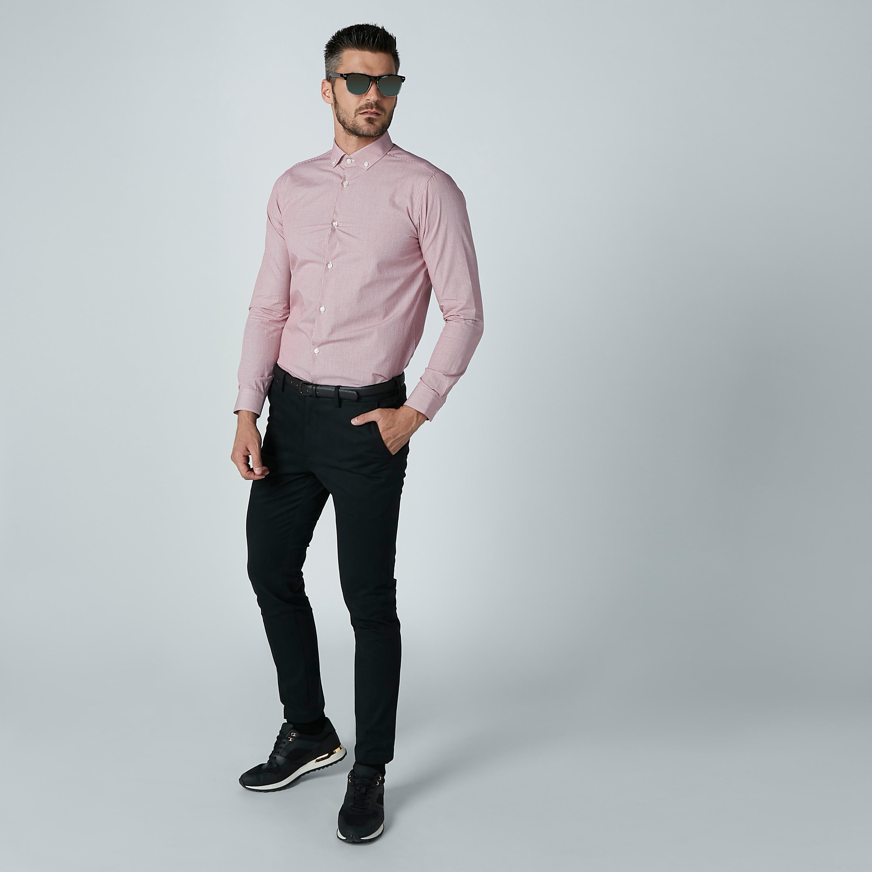 قميص كاروهات بأكمام طويلة وياقة بأزرار-men-clothing-shirts-image-1