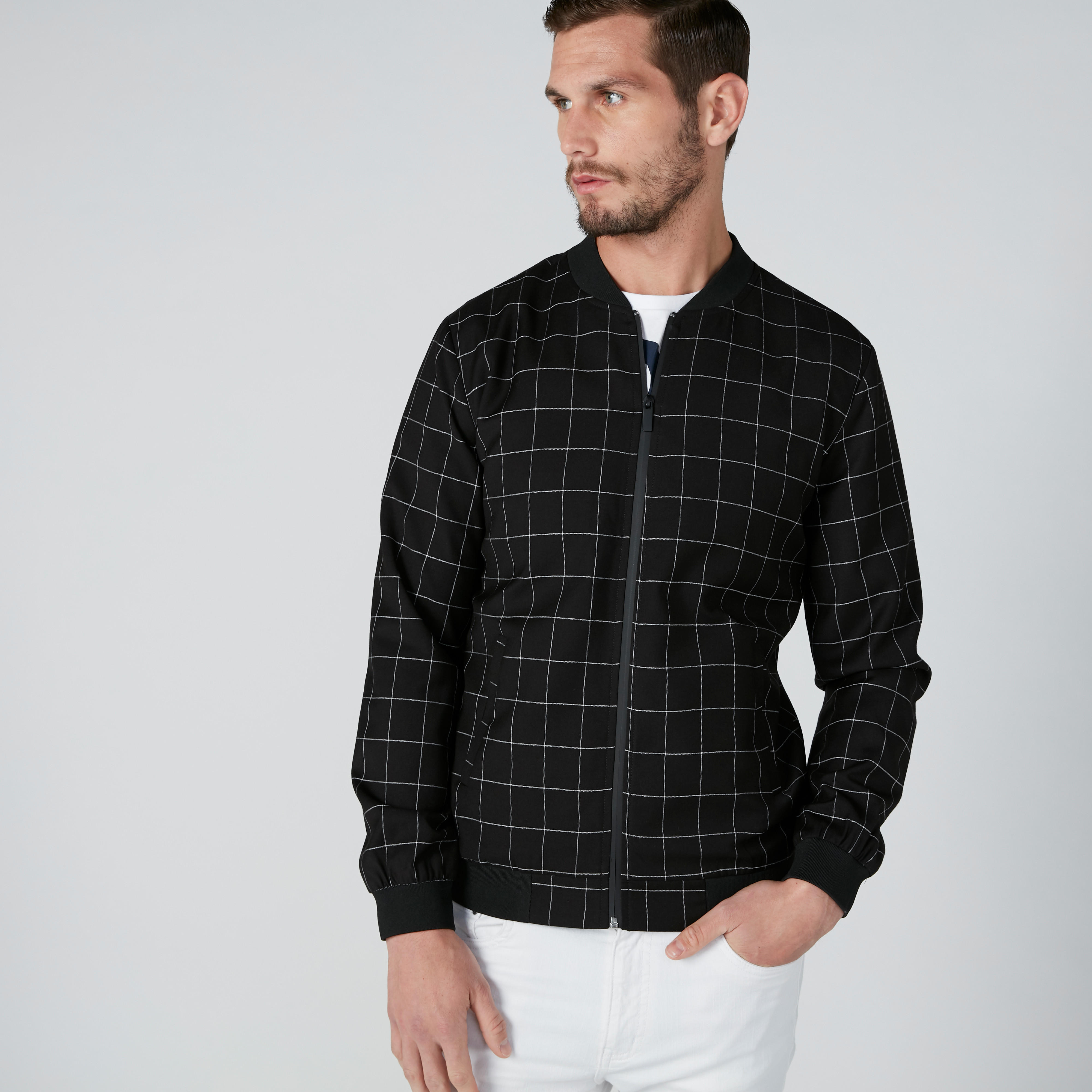 جاكيت بومبر كاروهات بأكمام طويلة وسحّاب إغلاق-men-clothing-jacketsandblazers-jackets-image-6