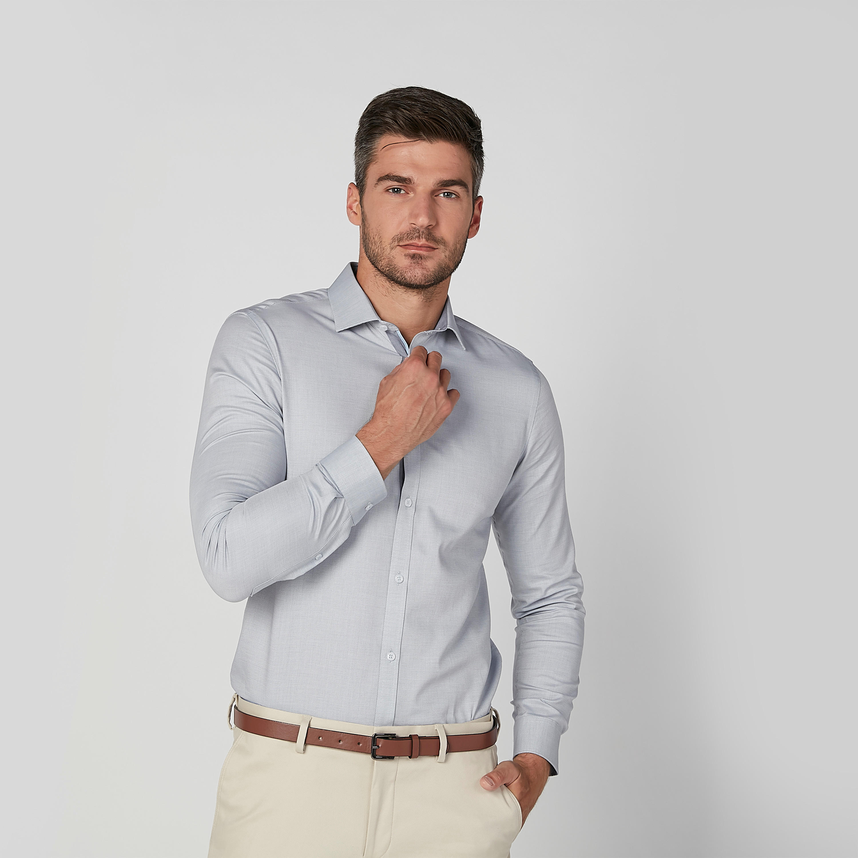 Slim Fit Plain Formal Shirt with Long Sleeves and Spread Collar-men-clothing-shirts-image-2