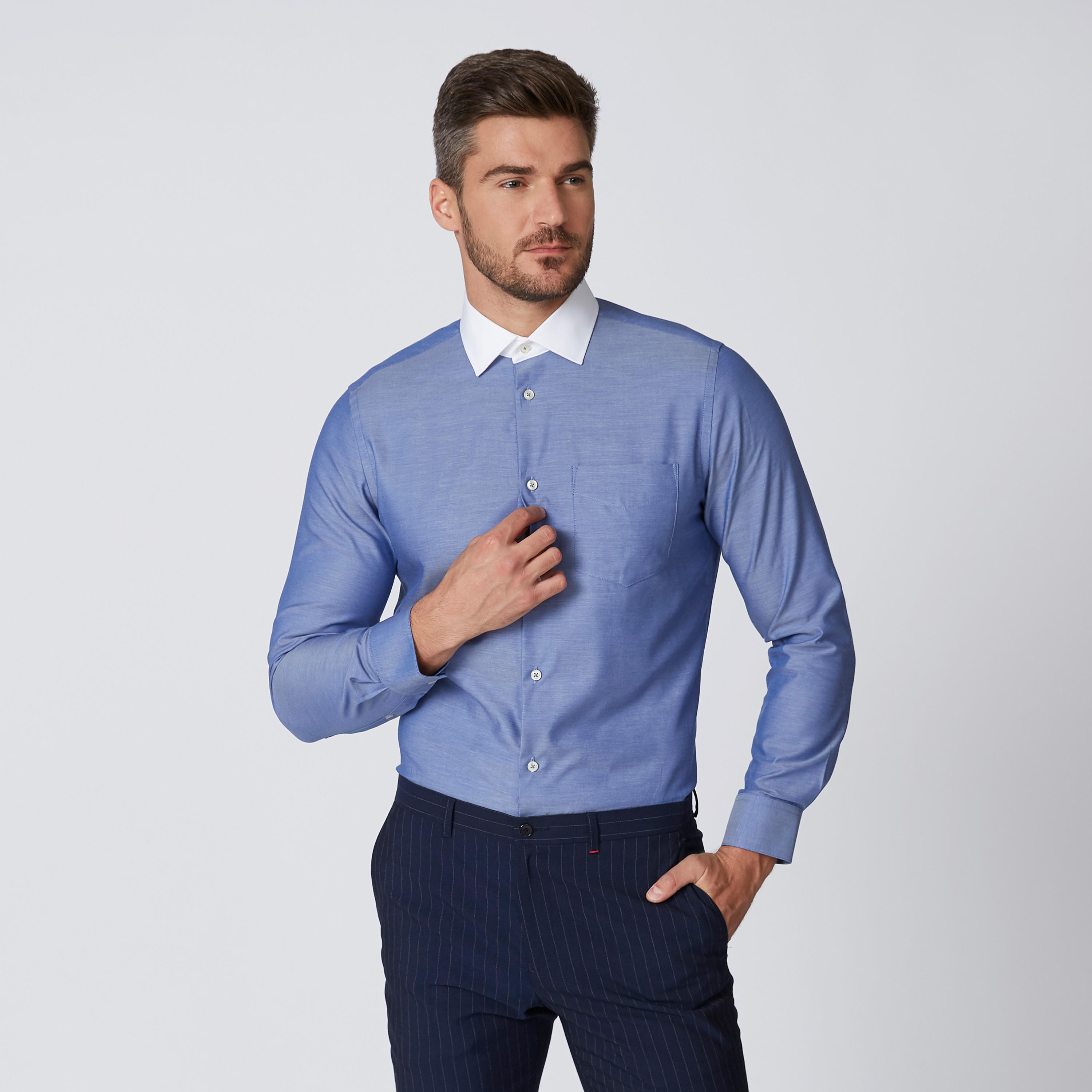 Solid Shirt with Contrast Spread Collar and Patch Pocket-men-clothing-shirts-image-1