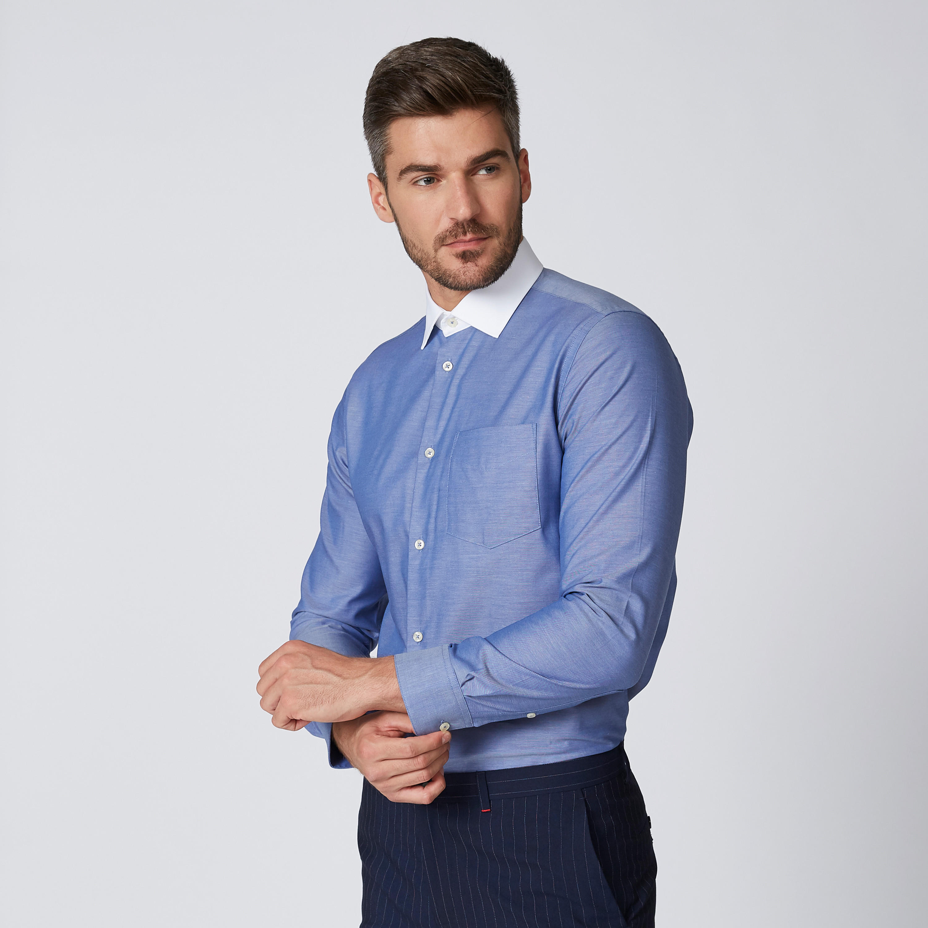 Solid Shirt with Contrast Spread Collar and Patch Pocket-men-clothing-shirts-image-4