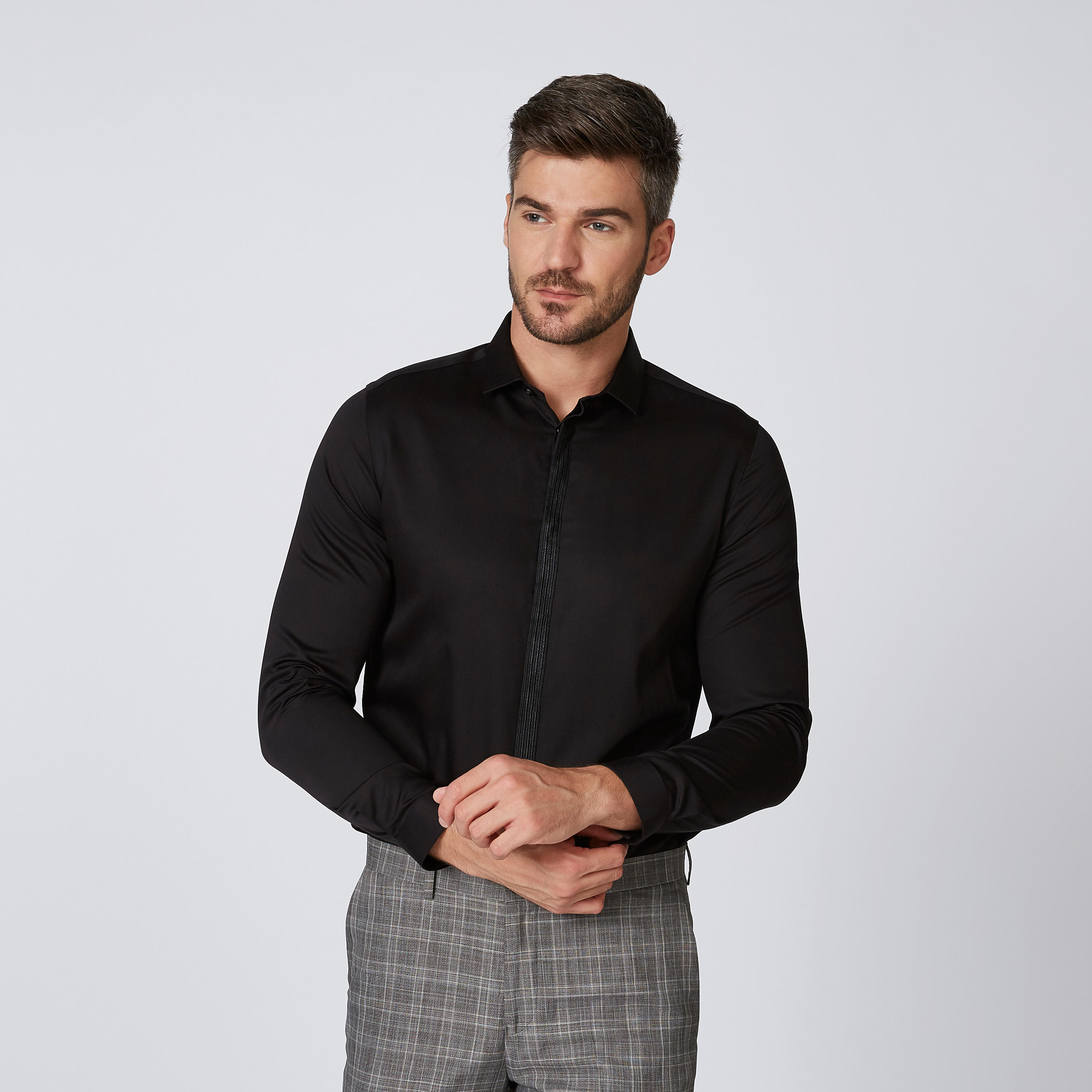 Sustainable Slim Fit Plain Shirt with Long Sleeves and Textured Placket-men-clothing-shirts-image-1