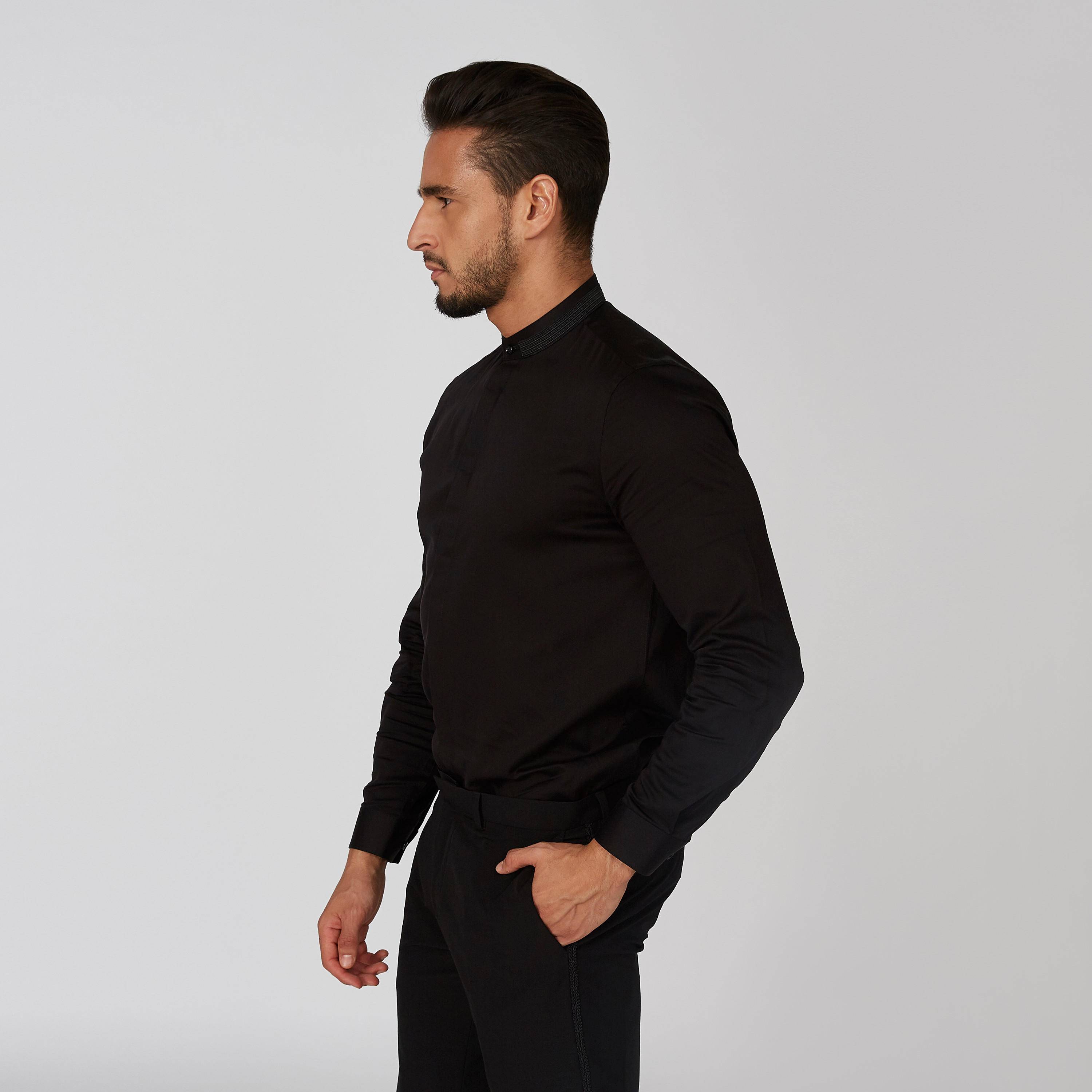 قميص سادة بياقة ماندارين وأكمام طويلة-men-clothing-shirts-image-3