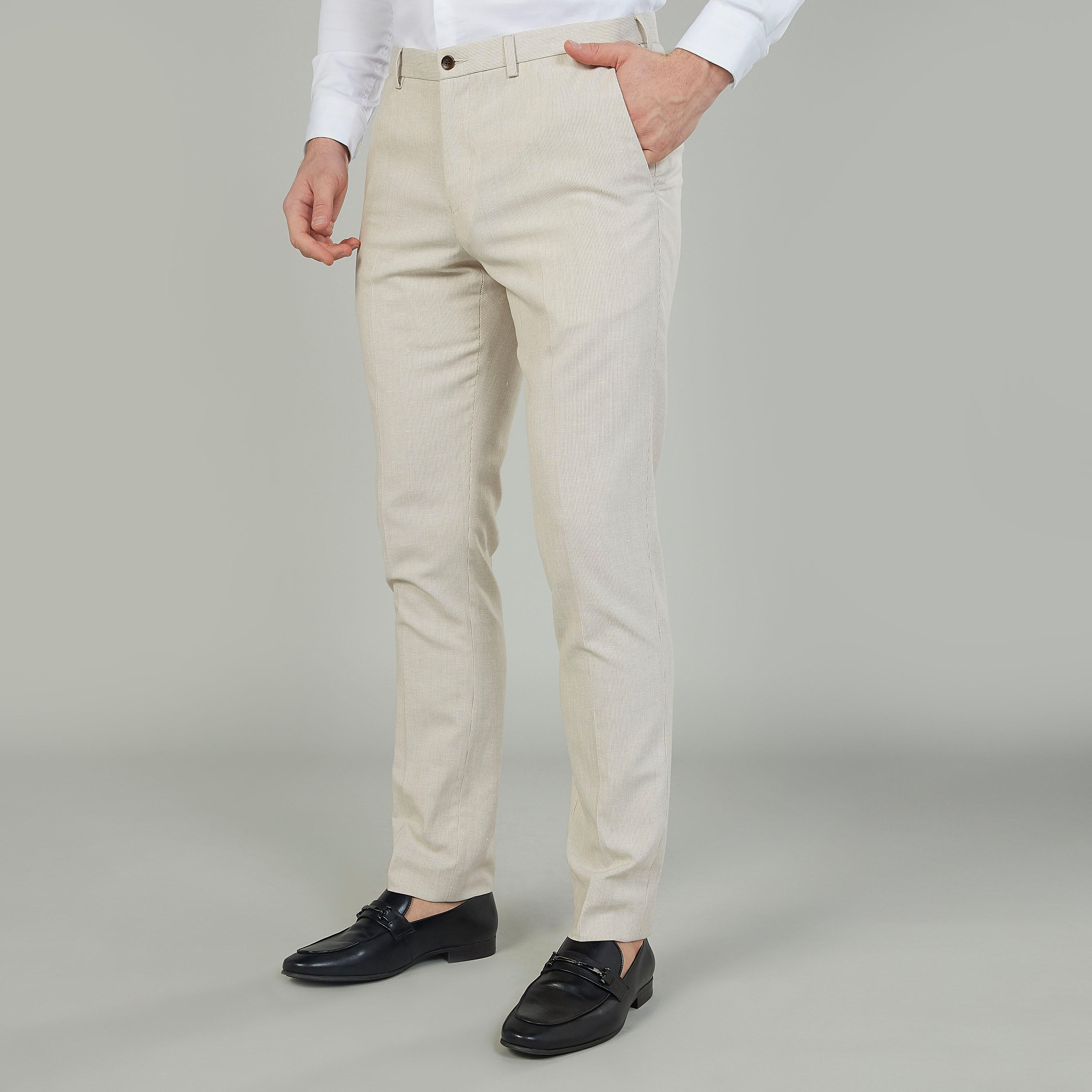بنطلون رسمي كتّان بخصر متوسط الارتفاع وجيوب وعراوي-men-clothing-bottoms-trousersandchinos-trousers-image-1