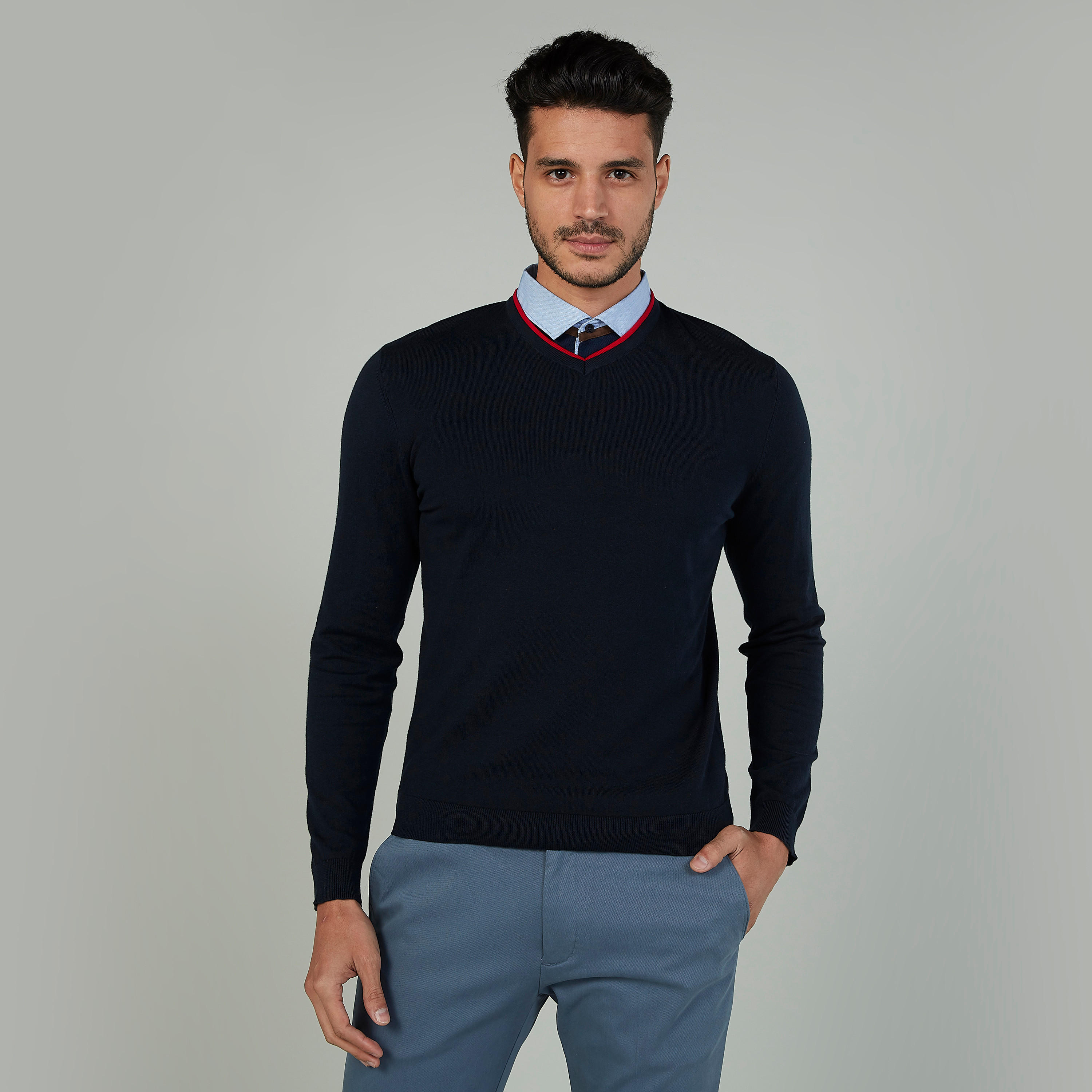 Textured Sweater with V-neck and Long Sleeves-men-clothing-sweatersandpullovers-image-1