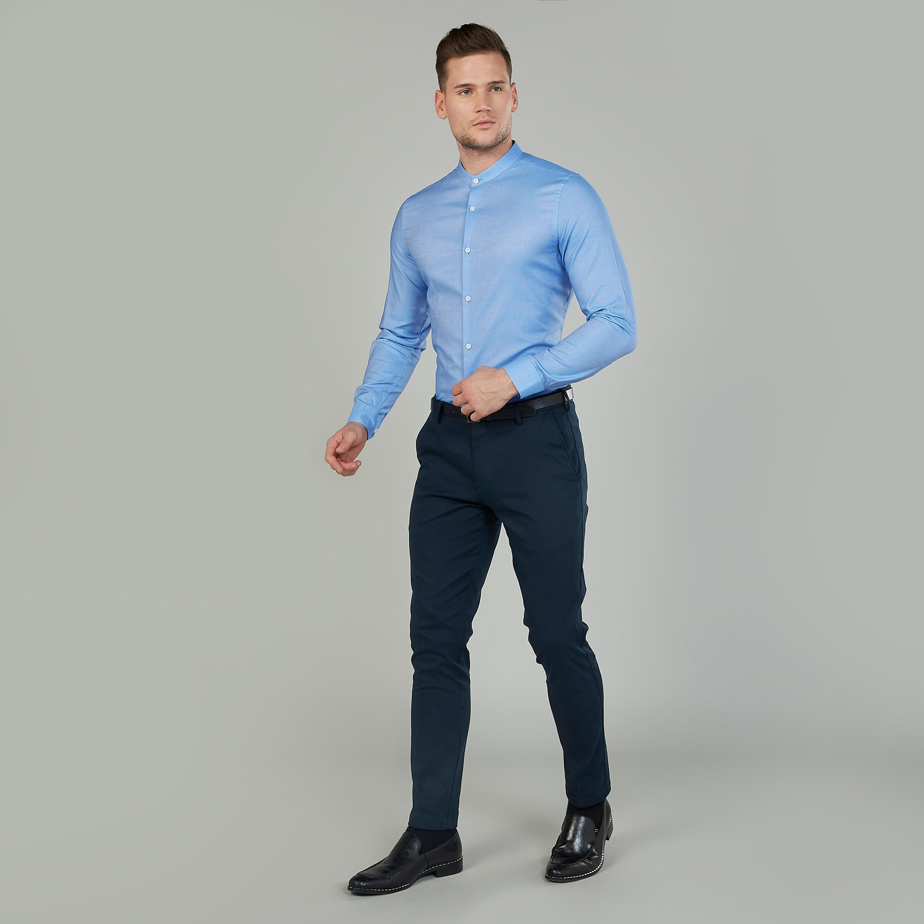 قميص بارز الملمس بياقة ماندارين وأكمام طويلة-men-clothing-shirts-image-4
