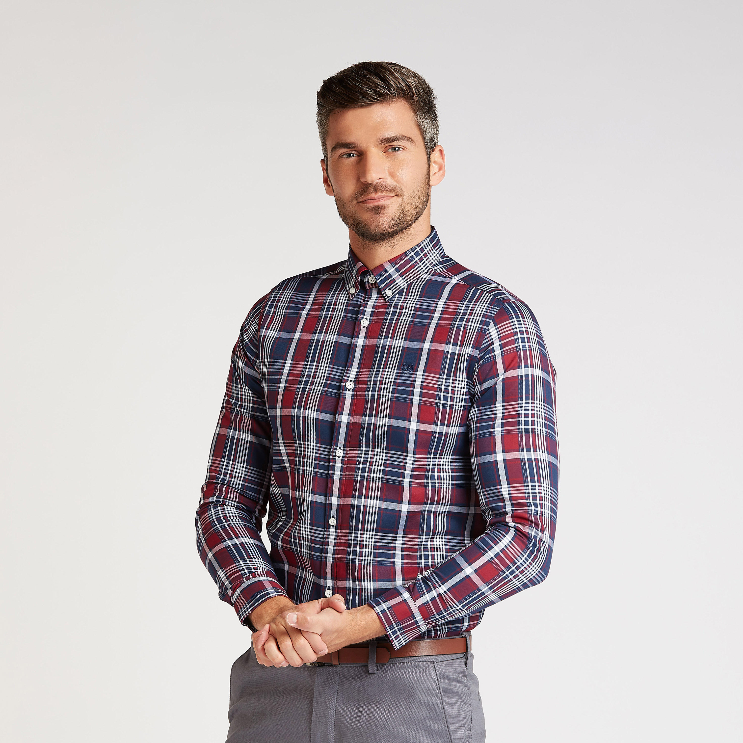 قميص رسمي كاروهات بأكمام طويلة وياقة عادية-men-clothing-shirts-image-1