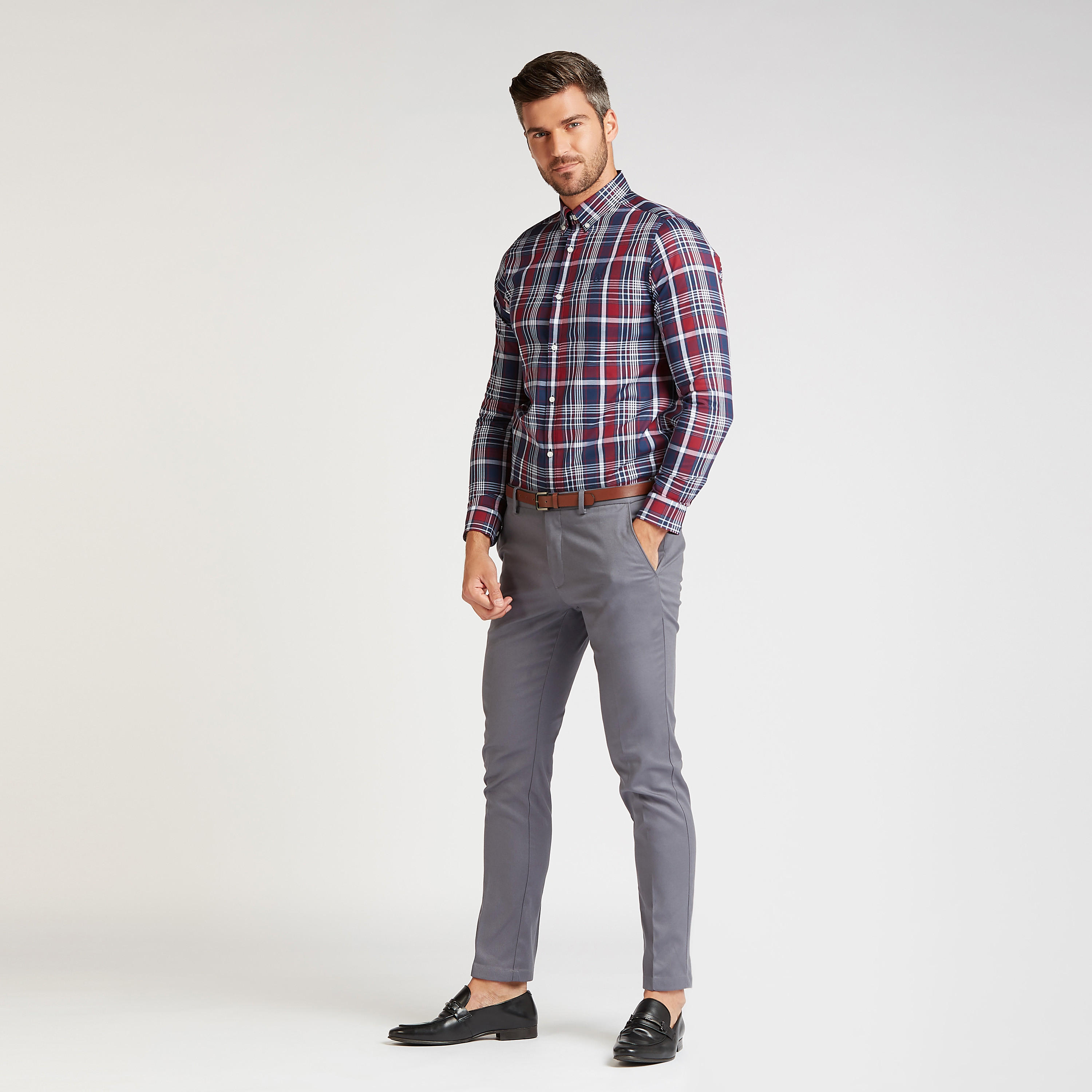 قميص رسمي كاروهات بأكمام طويلة وياقة عادية-men-clothing-shirts-image-2