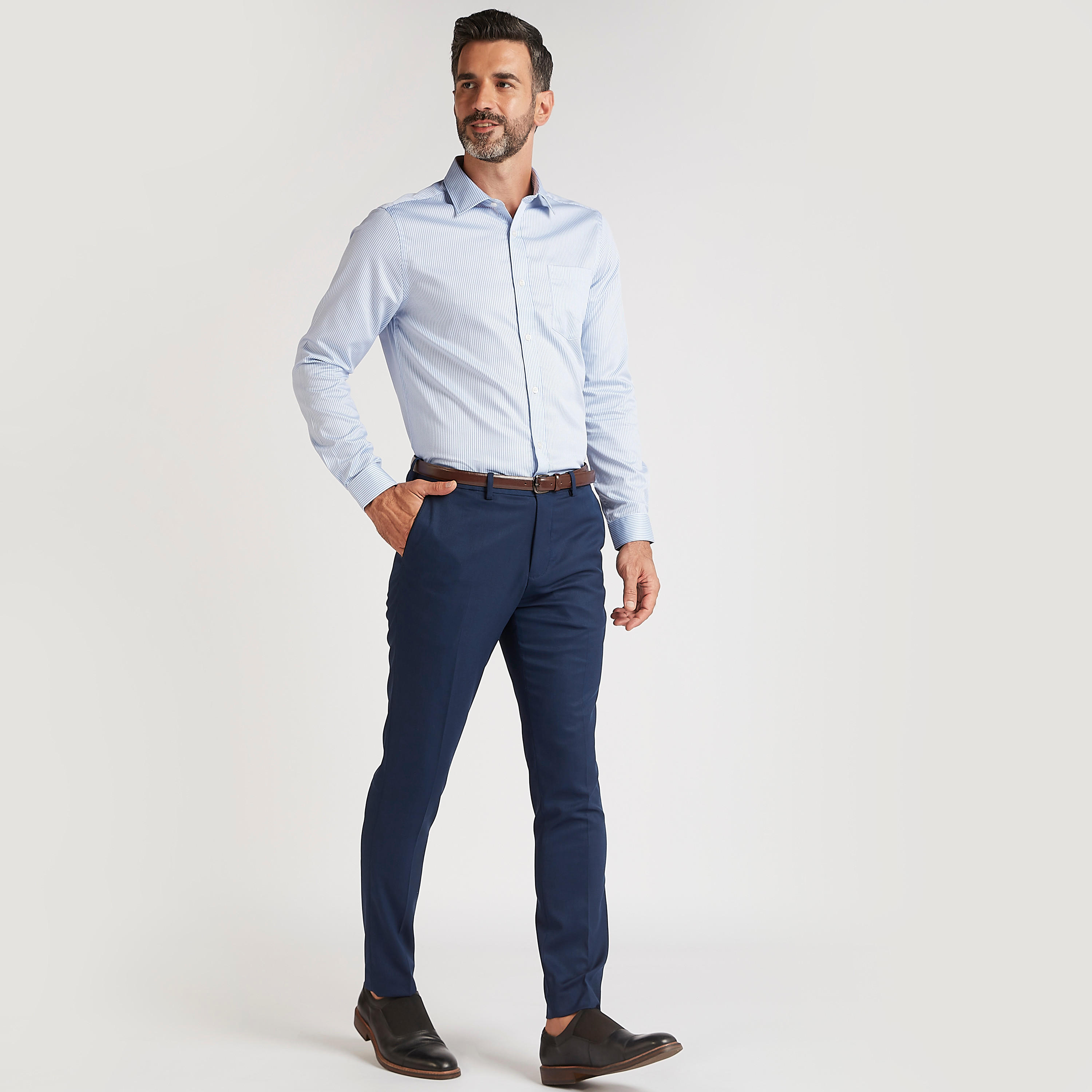 قميص سليم فيت مخطط بياقة واسعة وأكمام طويلة-men-clothing-shirts-image-2