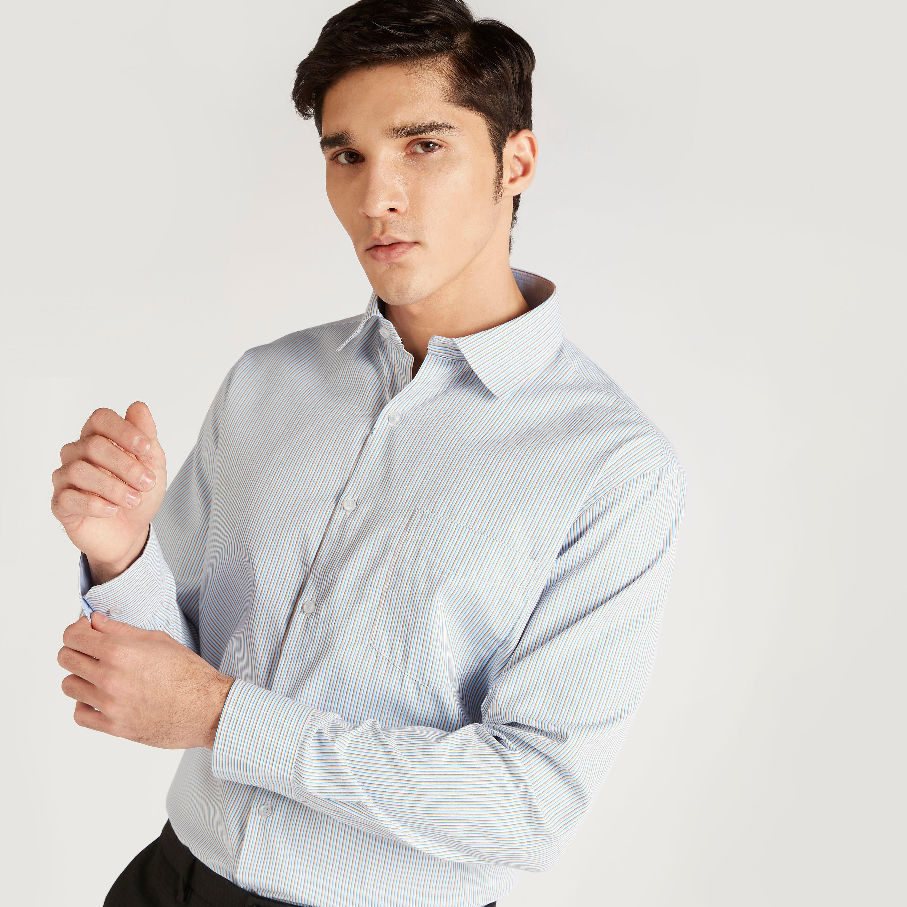 Striped Button Up Shirt with Long Sleeves and Patch Pocket-men-clothing-shirts-image-1
