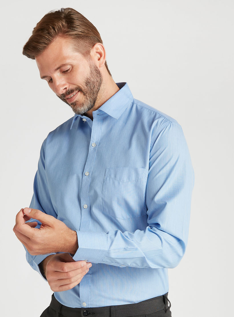 Chambray Textured Shirt with Spread Collar and Long Sleeves-men-clothing-shirts-image-2