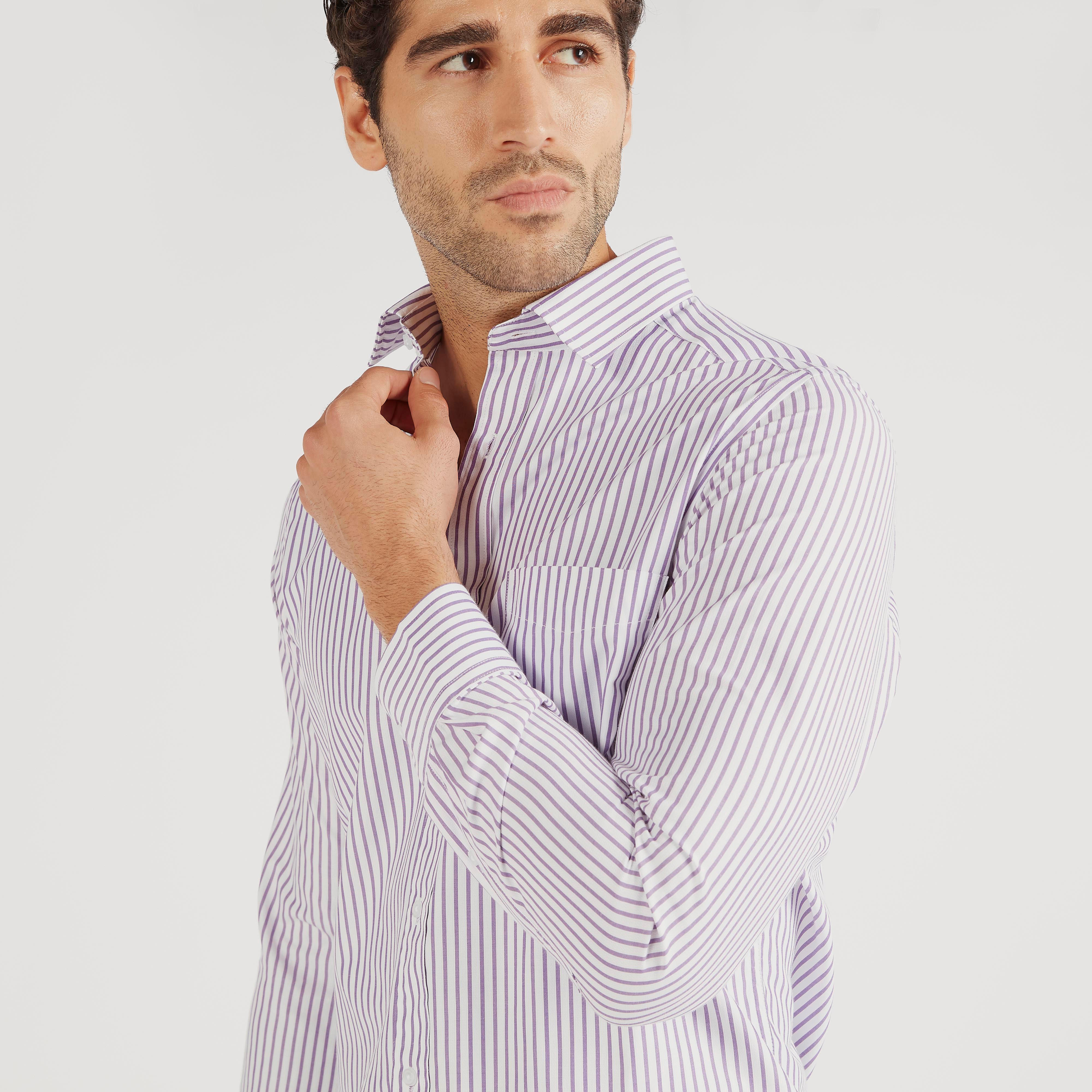قميص مقلم بياقة عادية وأكمام طويلة وجيب على الصدر-men-clothing-shirts-image-3