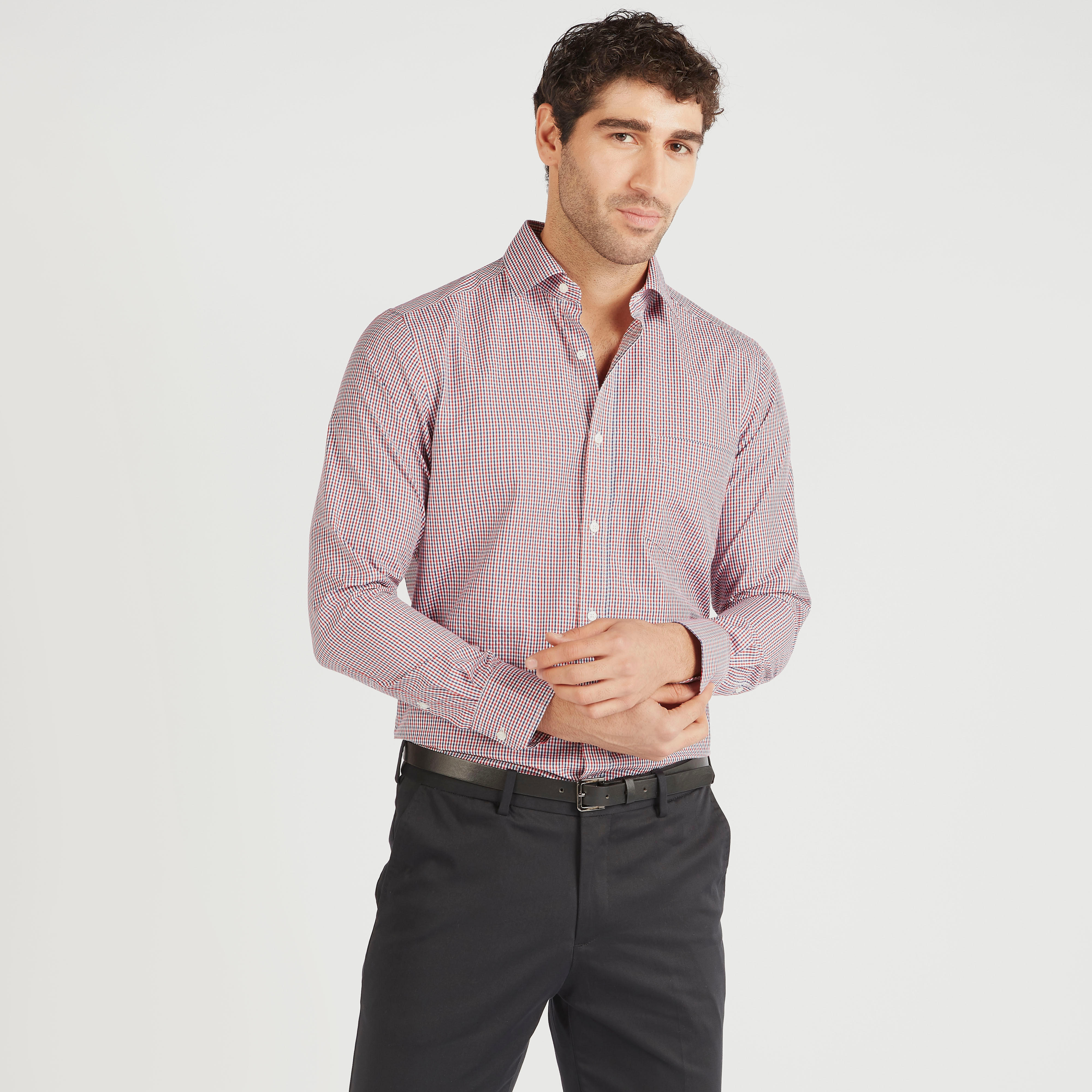قميص كاروهات بزر علوي وأكمام طويلة وجيب على الصدر-men-clothing-shirts-image-1