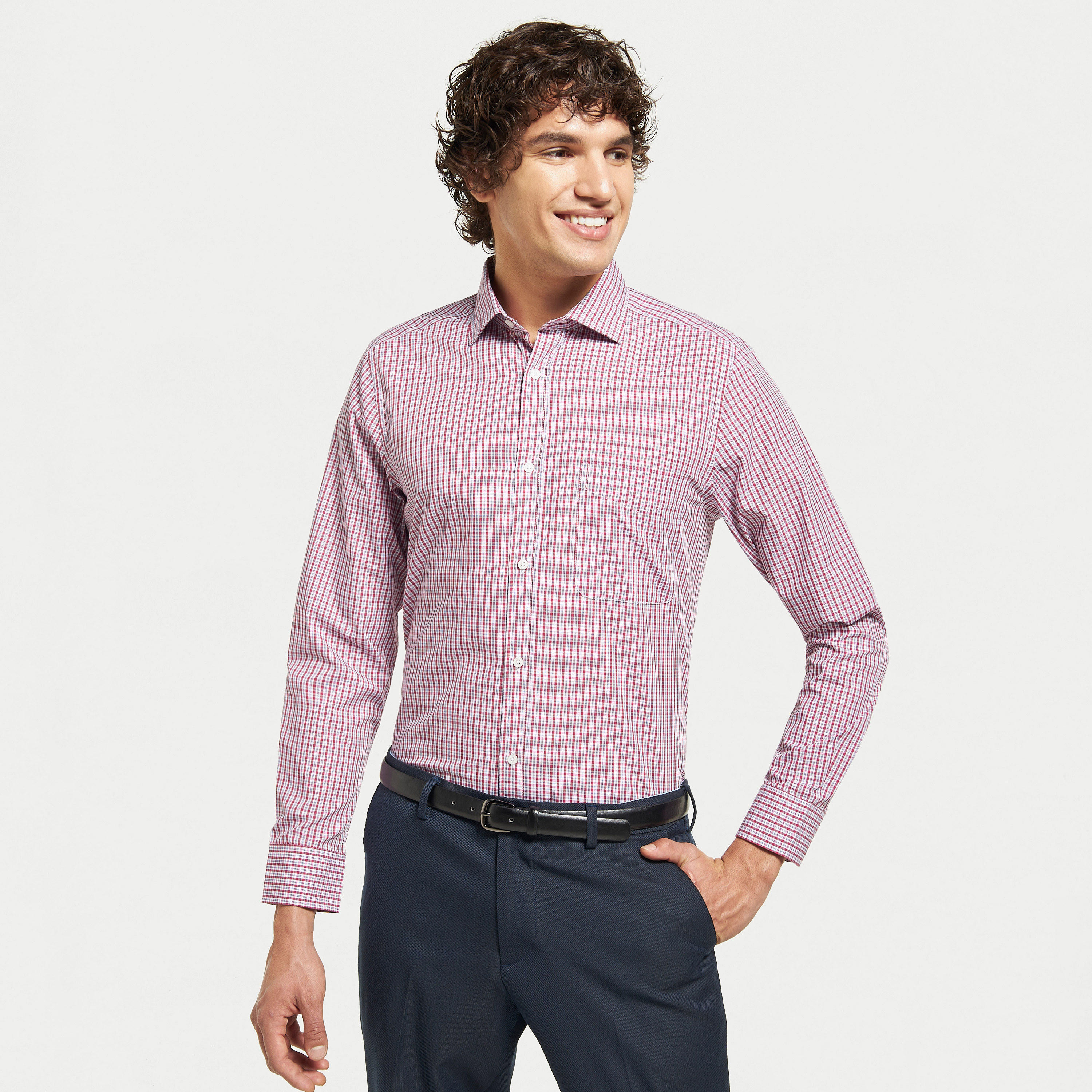 قميص كاروهات سهل الكي بياقة واسعة وأكمام طويلة-men-clothing-shirts-image-1