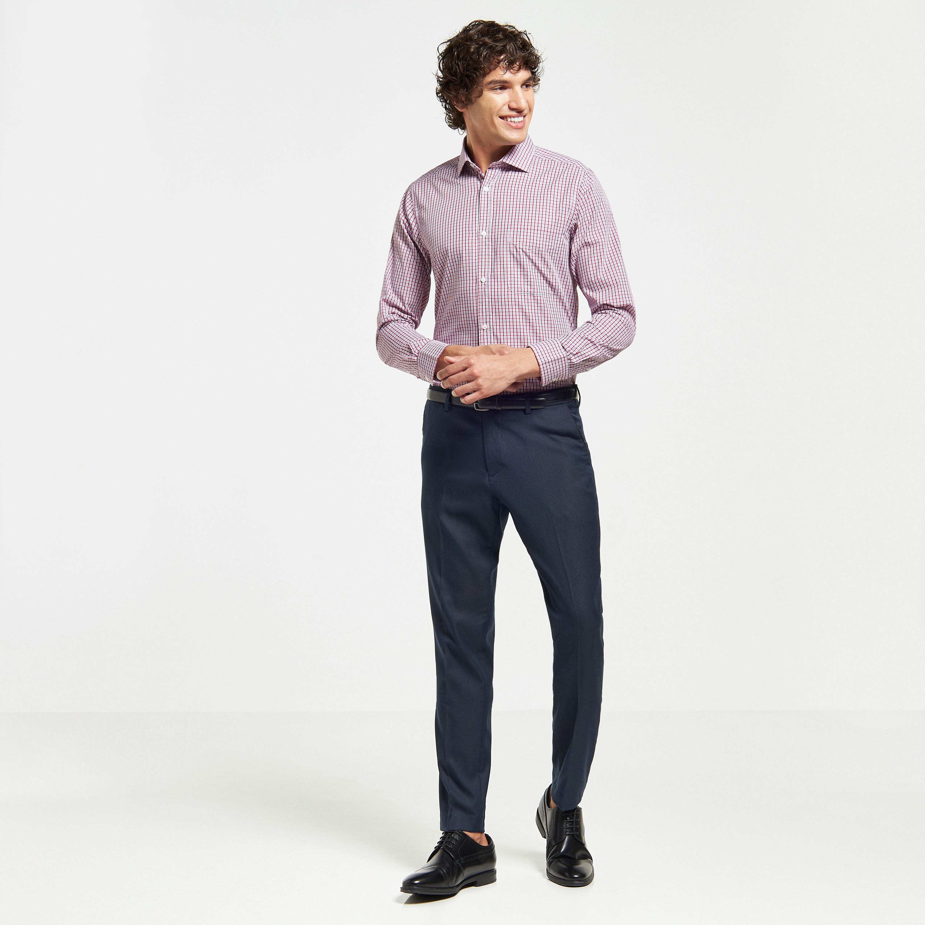 قميص كاروهات سهل الكي بياقة واسعة وأكمام طويلة-men-clothing-shirts-image-2
