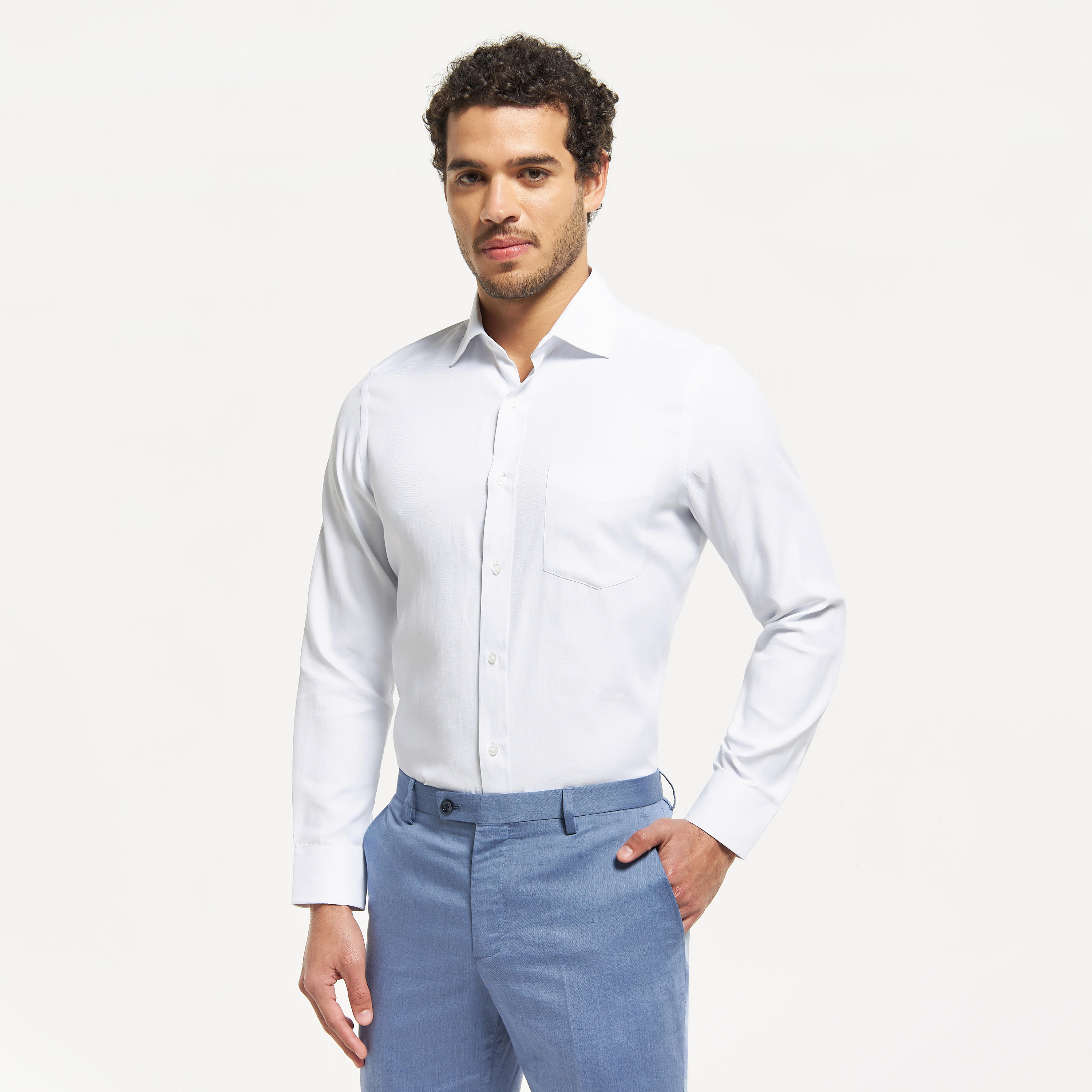 قميص سادة سهل الكي بأكمام طويلة وجيب على الصدر-men-clothing-shirts-image-1