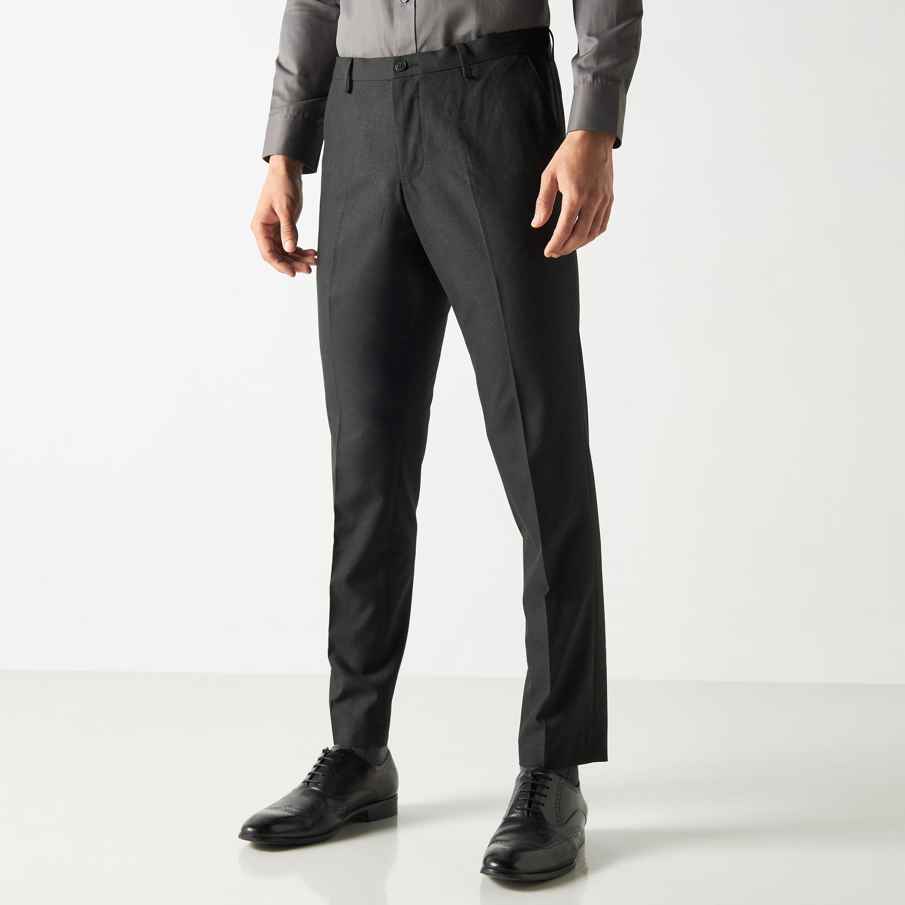 Regular Fit Textured Trousers with Button Closure and Pockets-men-clothing-bottoms-trousersandchinos-trousers-image-1