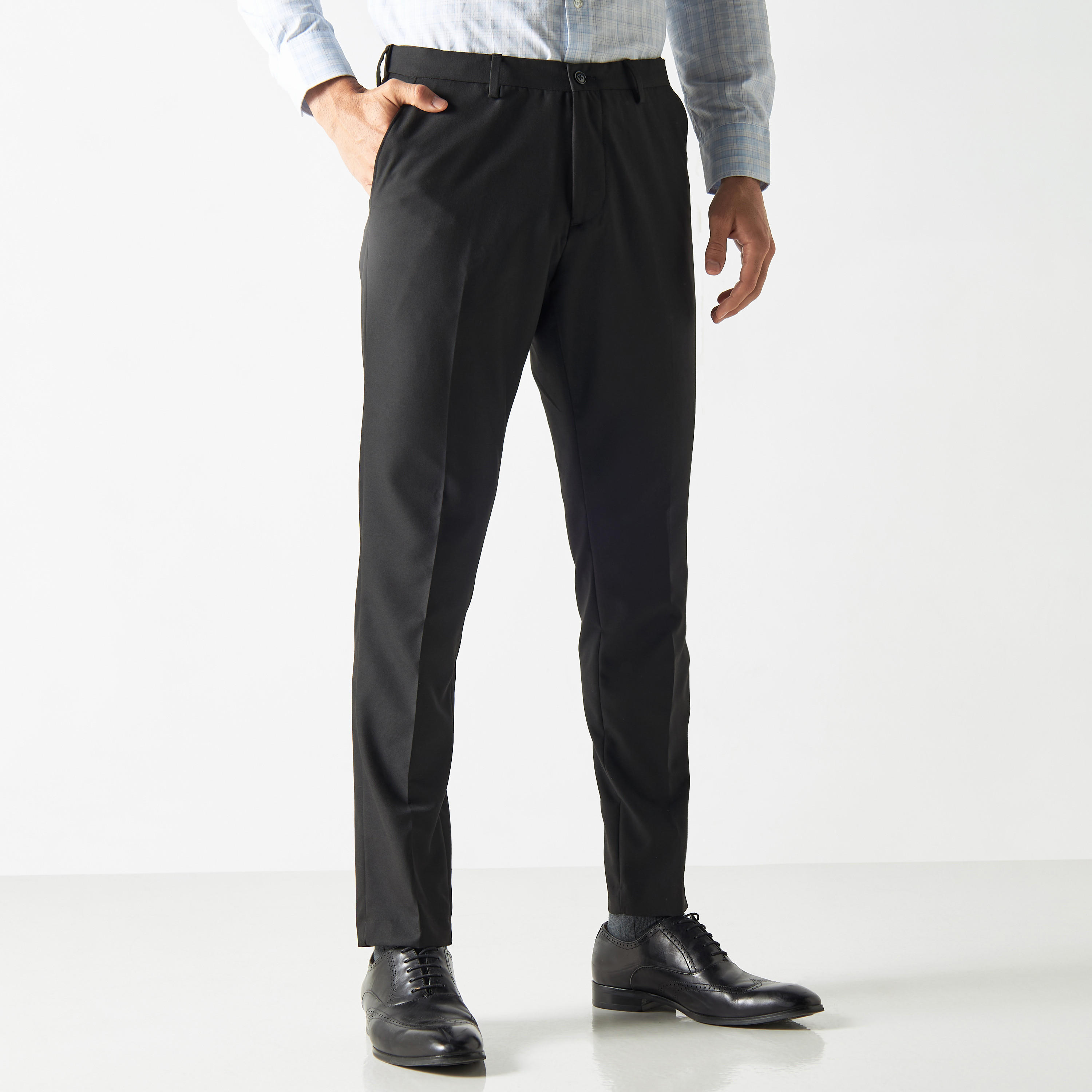 Regular Fit Solid Trousers with Button Closure and Pockets-men-clothing-bottoms-trousersandchinos-trousers-image-1