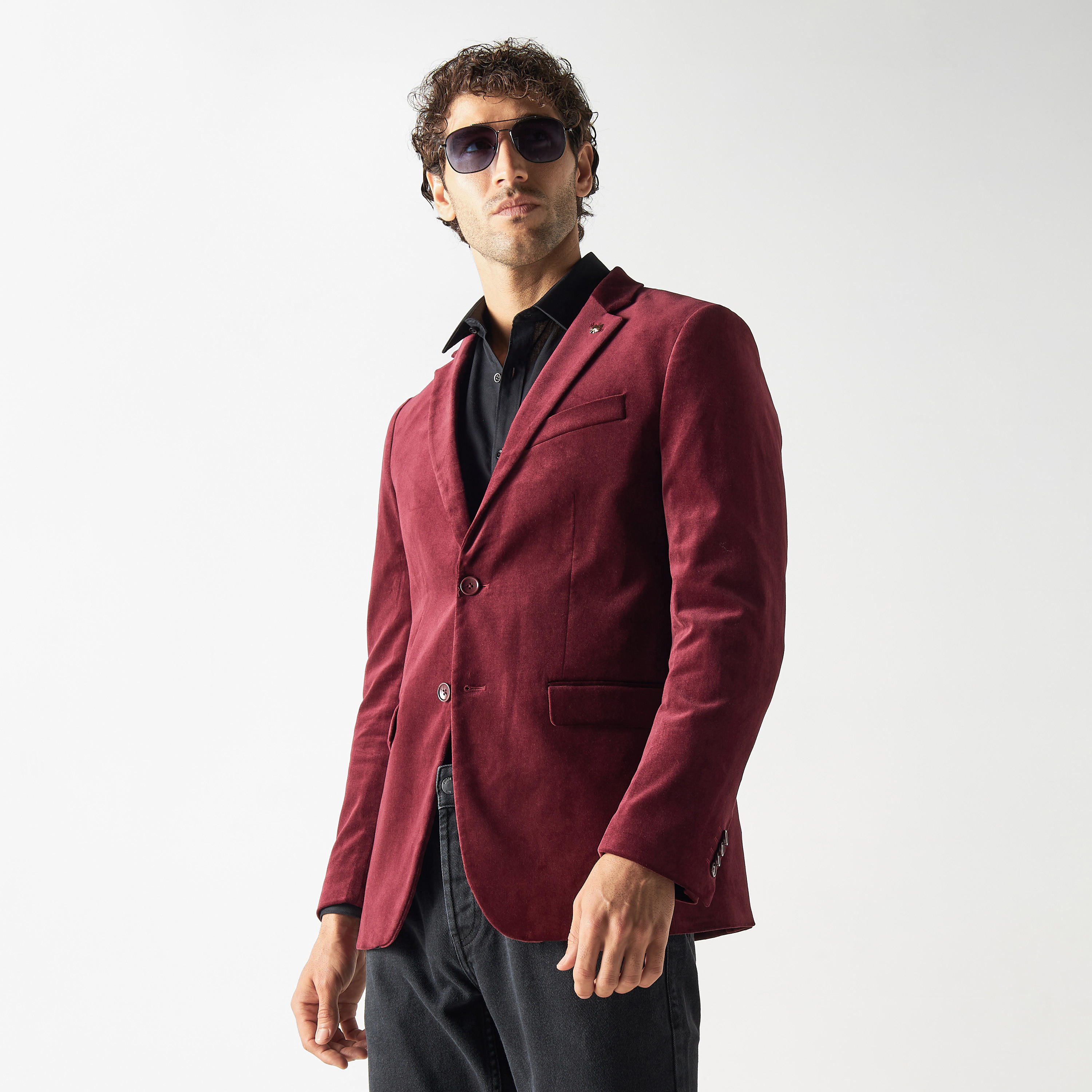 Solid Velvet Blazer with Notch Lapel and Flap Pockets-men-winterwear-jacketsandblazers-image-1