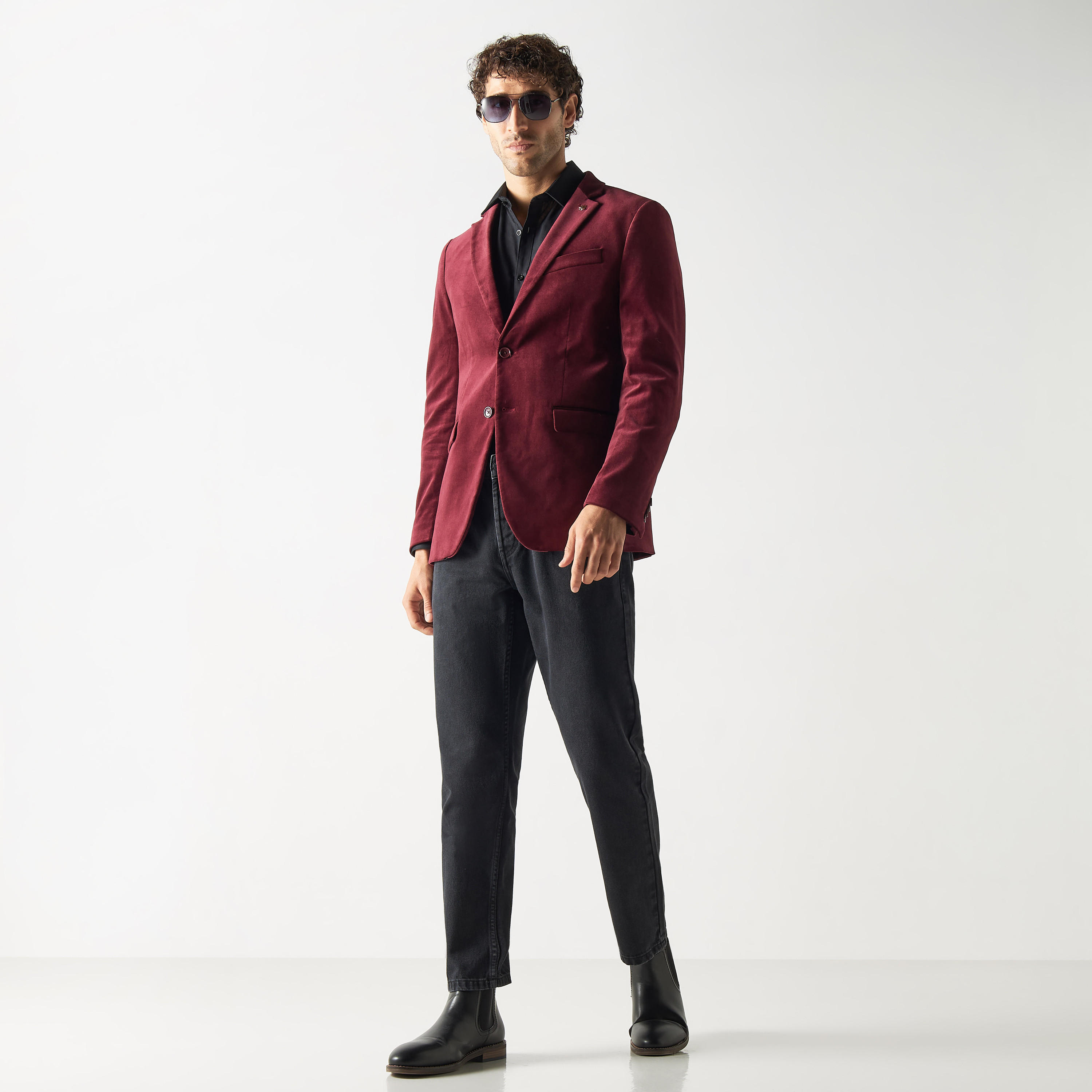 Solid Velvet Blazer with Notch Lapel and Flap Pockets-men-winterwear-jacketsandblazers-image-2