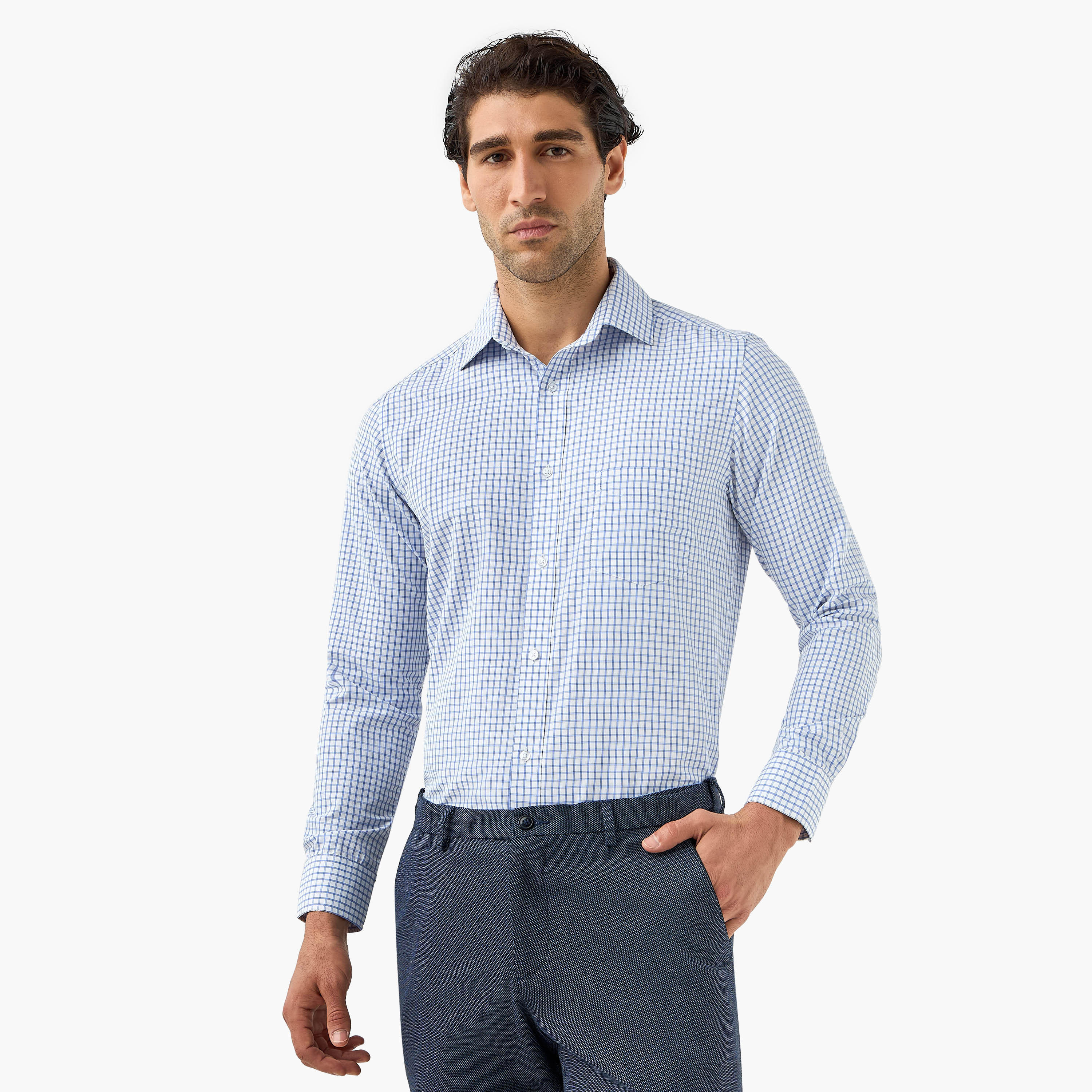 Regular Fit Checked Shirt with Collar and Long Sleeves-men-clothing-shirts-image-1