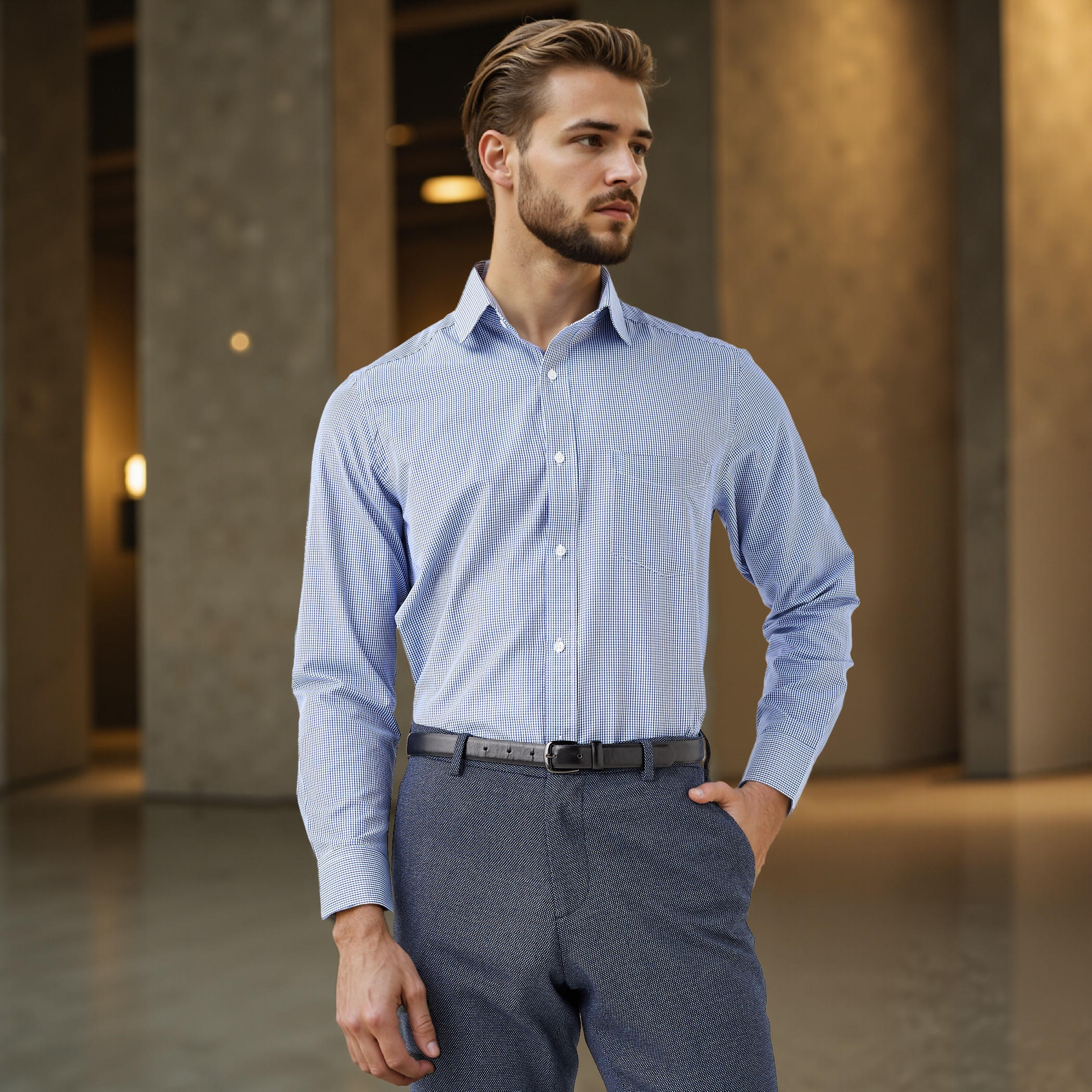 قميص كاروهات بقصة عادية وياقة وجيب على الصدر-men-clothing-shirts-image-1