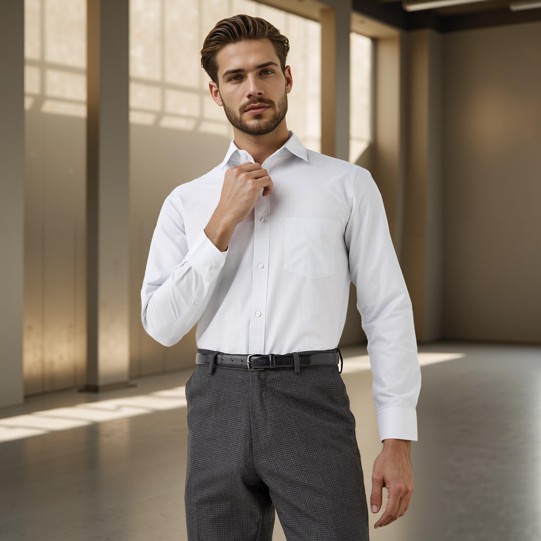 قميص كاروهات بقصة عادية وياقة وجيب على الصدر-men-clothing-shirts-image-6